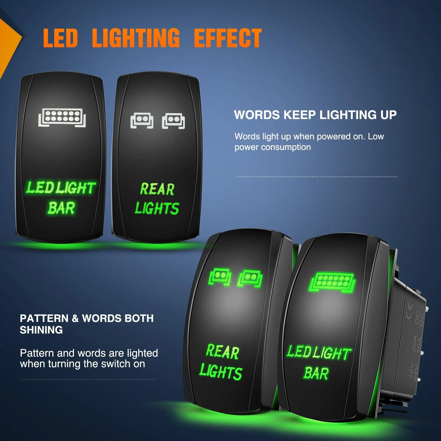 2Pcs 5Pin Laser On/Off Led Light Bar Rear Lights Rocker Switch Green