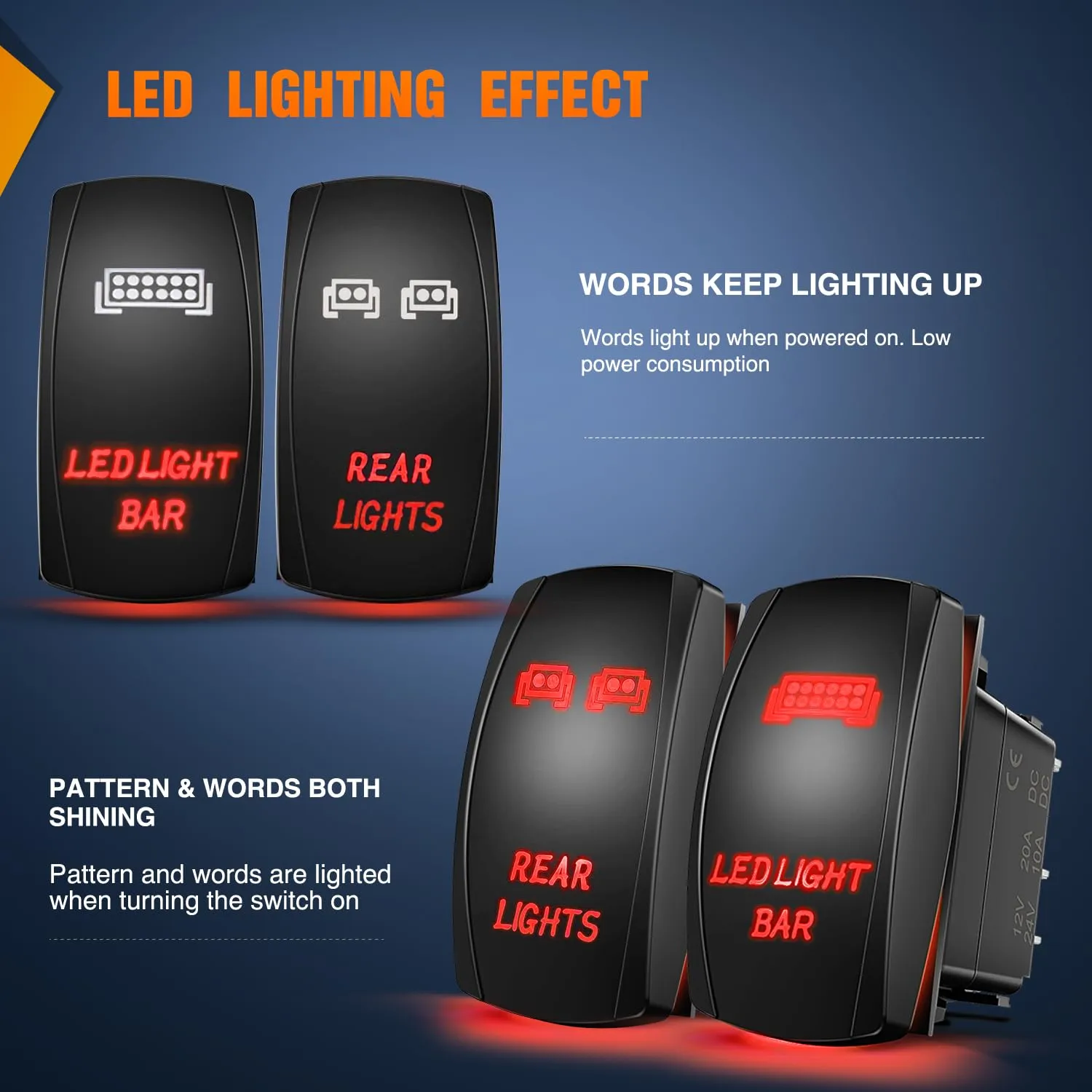 2Pcs 5Pin Laser On/Off Led Light Bar Rear Lights Rocker Switch Red