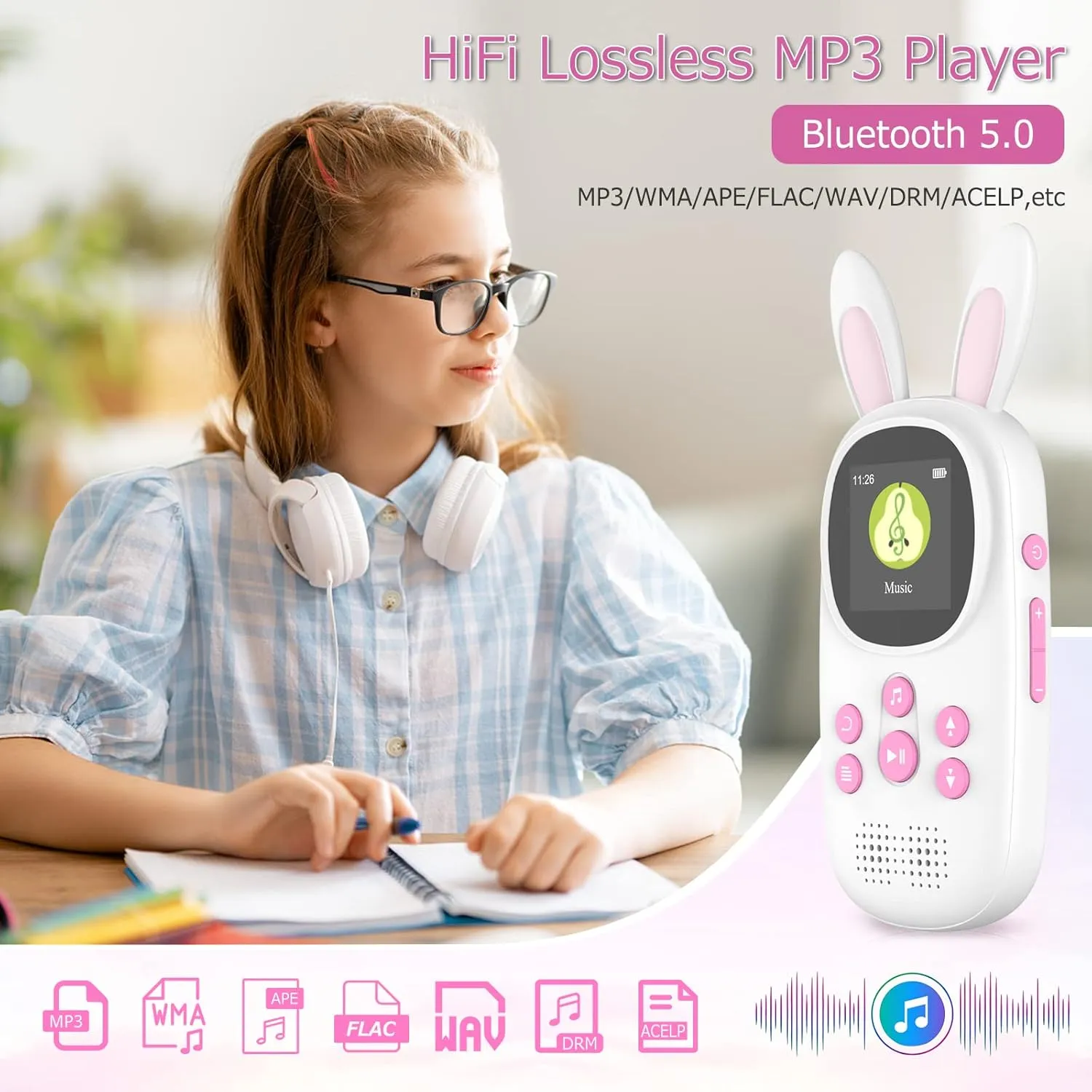 32GB MP3 Music Player for Kids, Cute Bunny Kids Music MP3 Player with Bluetooth, MP3 & MP4 Players with Speaker, MP3 Player with FM Radio, Recordings, Alarm, Pedometer, Stopwatch, Support up to 128GB