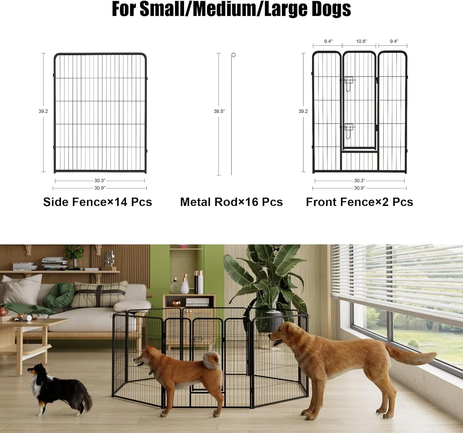 40" Heavy-Duty Rust-Resistant Dog Playpen with Door  Foldable Metal Exercise Pen for Dogs, Puppies, Rabbits  Portable Indoor/Outdoor Puppy Pen for Camping, RV, Yard (Black, 40"H, 16 Panels)