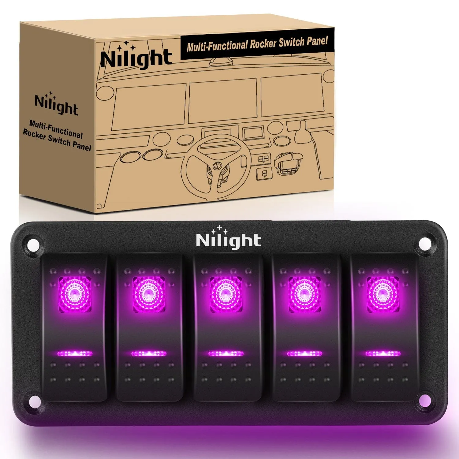 5Gang Aluminum 5Pin ON/Off Rocker Switch Panel Purple