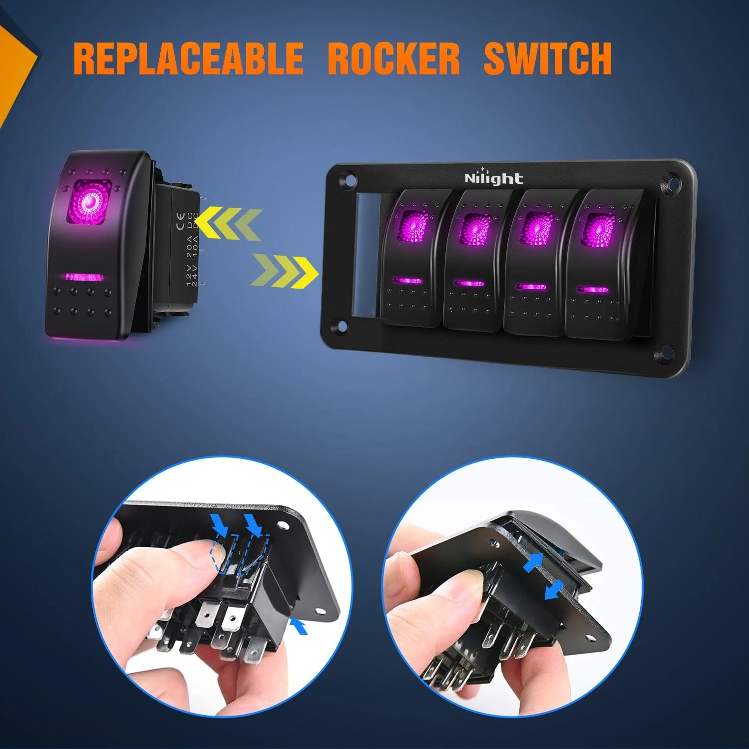 5Gang Aluminum 5Pin ON/Off Rocker Switch Panel Purple