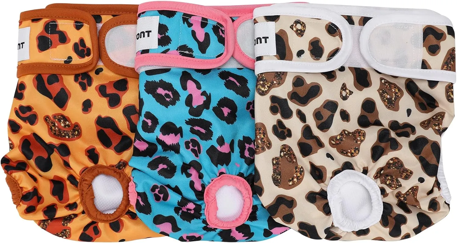 Avont 3 Pack Washable Female Dog Diapers, Premium Reusable Highly Absorbent Doggie Period Panties Durable Dog Diaper Cover -XL Leopard Print