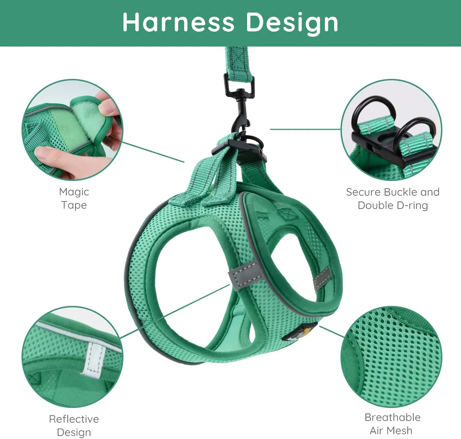 BELLA & PAL Small Emerald Dog Harness with Leash Set, No Pull, Step in Design, Reflective, Lightweight Mesh, S