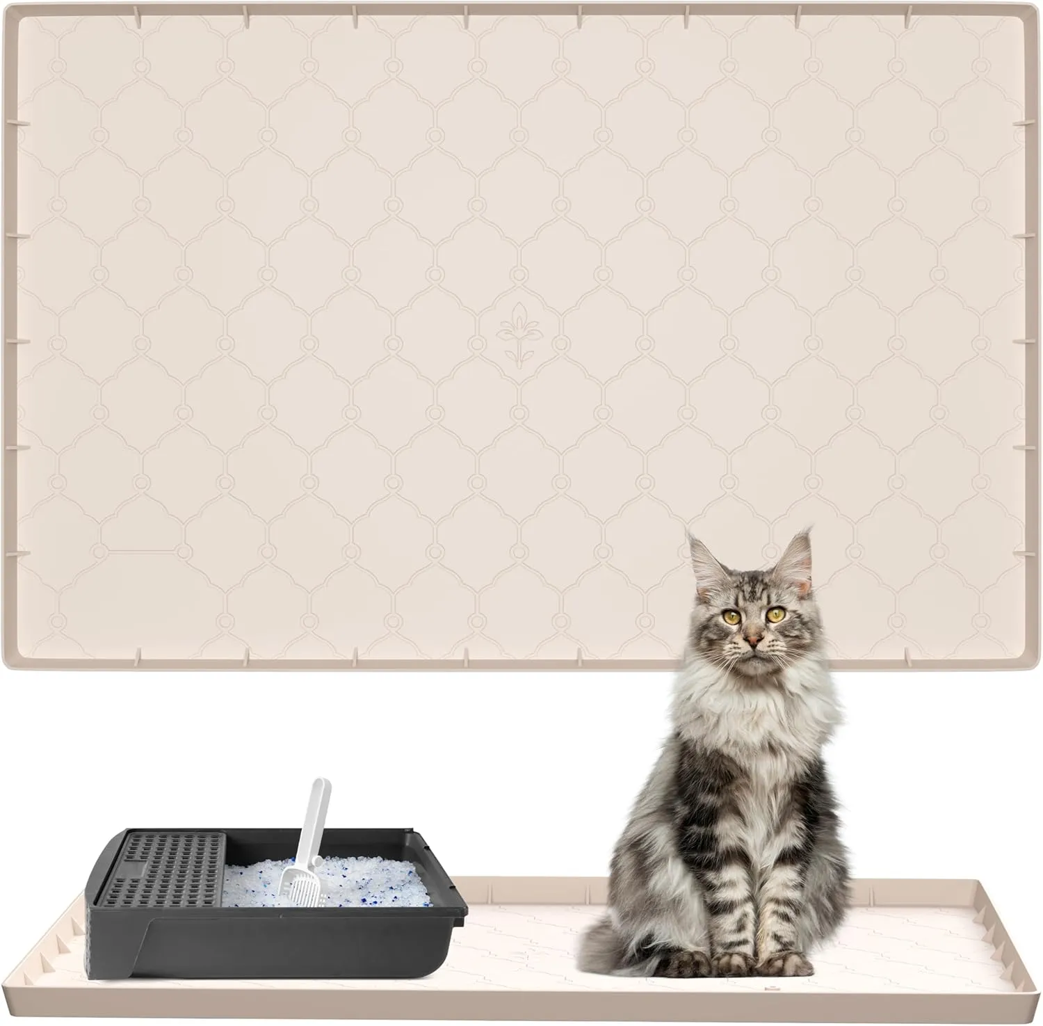 BLOOMLEWAY Silicone Cat Litter Mat  Large 34" x 22", Beige, Waterproof, Non-Slip, Soft Paw-Friendly, Easy to Clean, Catches Litter Spills