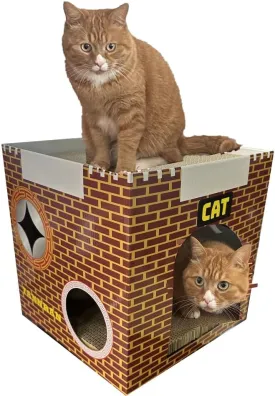 Cardboard Cat House with 2 Story Scratch Pads,Cat Play House for Indoor Toy, Scratch and Grind Claws, 12.5x12.5x12.5 Inch for Cats (RED)