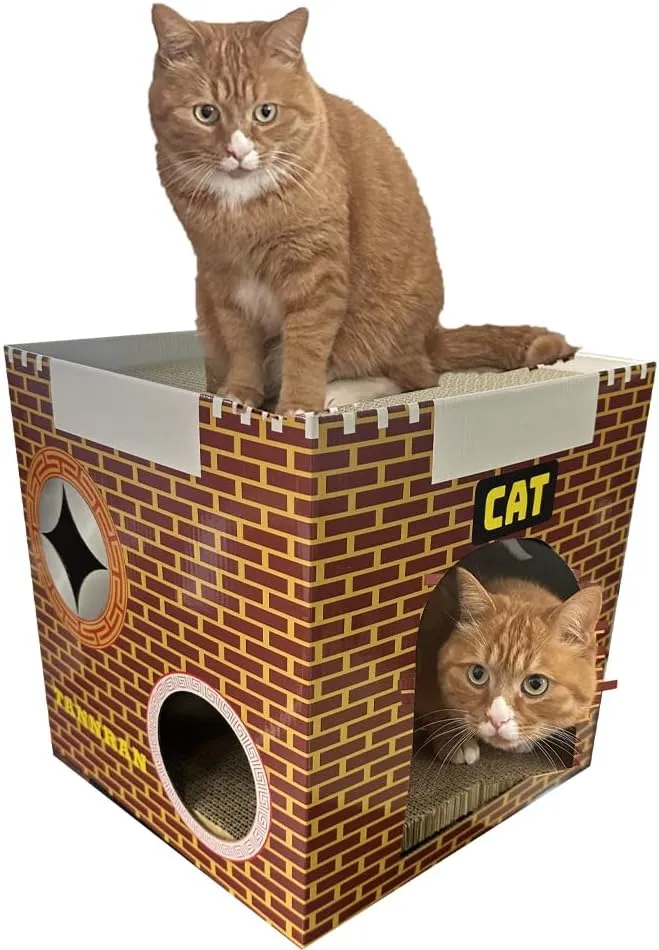Cardboard Cat House with 2 Story Scratch Pads,Cat Play House for Indoor Toy, Scratch and Grind Claws, 12.5x12.5x12.5 Inch for Cats (RED)