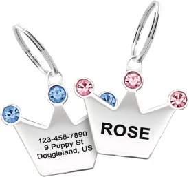 Custom Crystals Crown Pet ID Collar Tag, Personalized Stainless Steel Cute Shiny Bling Sparkly Safety Lost Charm Boy & Girl Dogs Puppies Cats & Ring Engraved SOS customizable with Name, Phone, Address