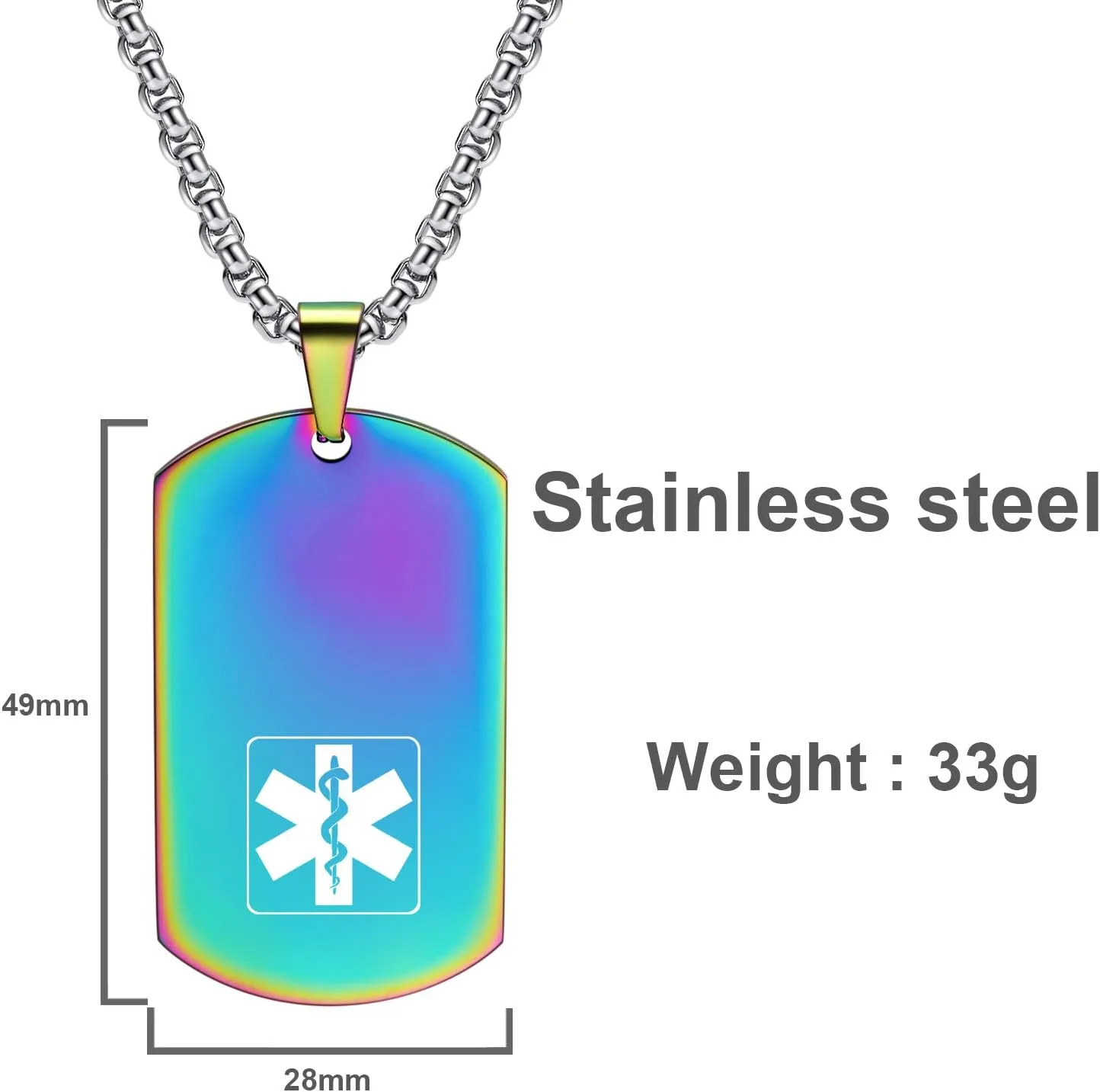 Customize Stainless Steel Medical Alert ID Dog Tag Pendant Necklace for Men and Women, Free Engraving, 20/22/24 Inch Chain