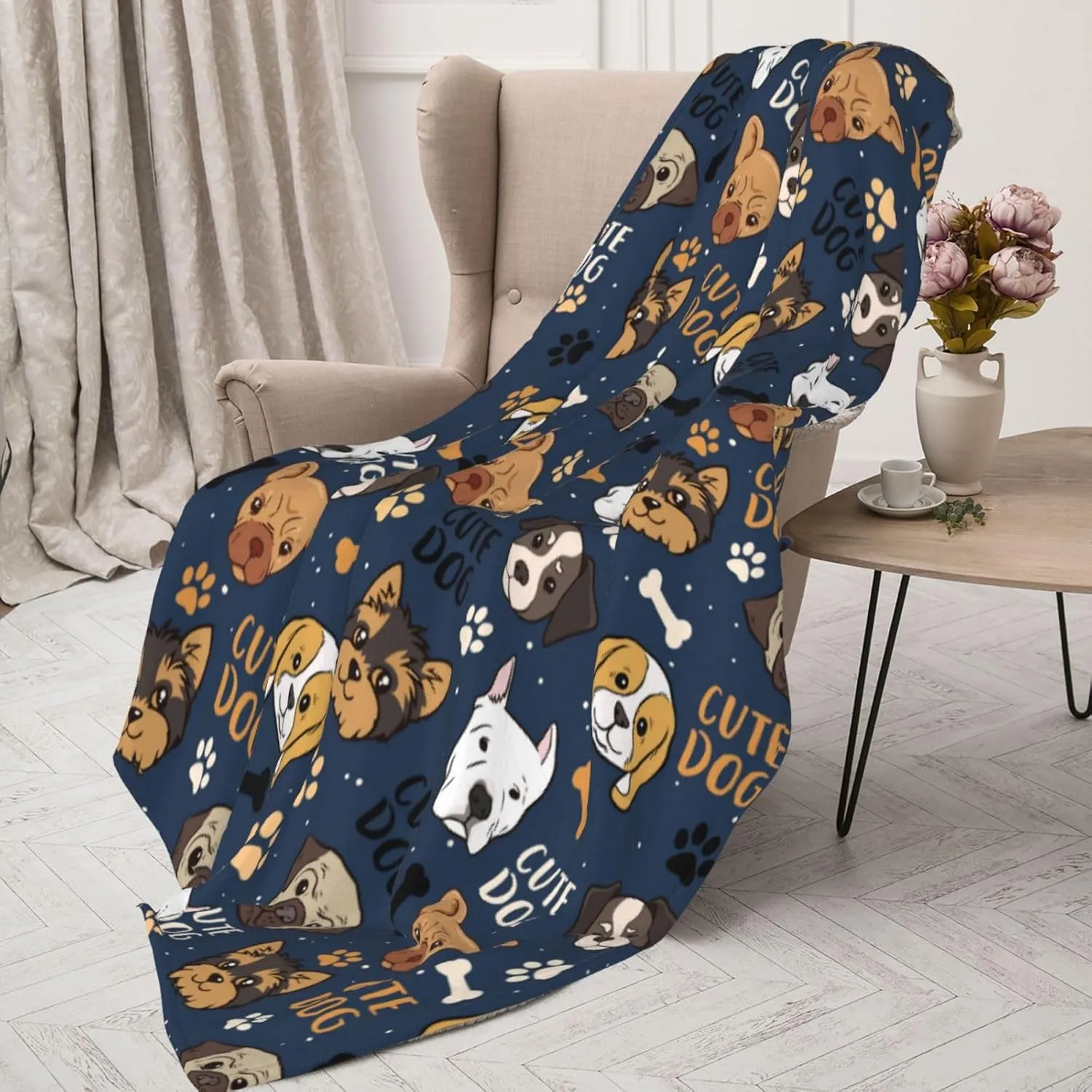 Cute Dogs Fleece Blanket - Soft Cozy Plush Throw Blanket for Adults Kids Pet, Lightweight Warm Flannel Sherpa Blanket for Couch Bed Sofa, Gift for Dog Lovers 50"x40"