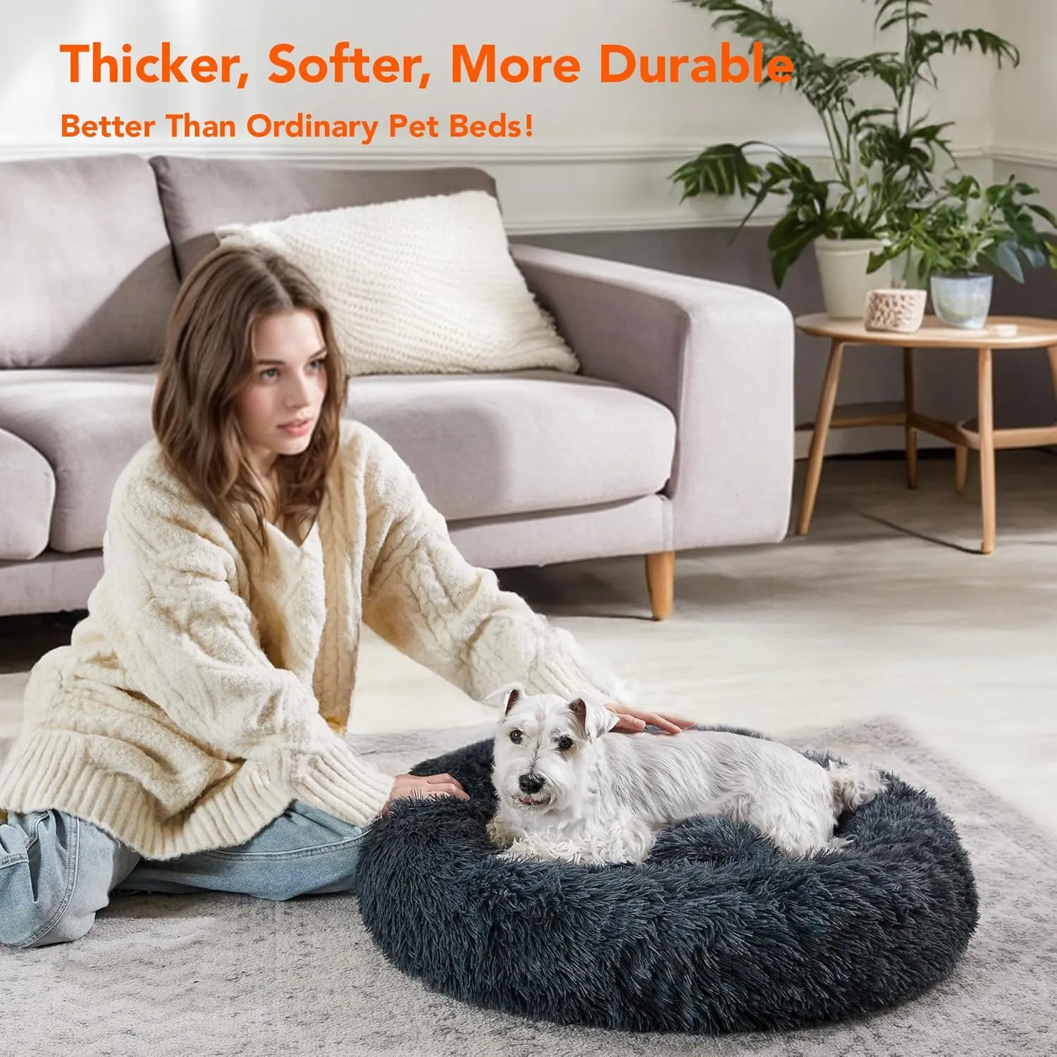Deconovo Calming Dog Bed for Small Dogs/Cats - Plush Donut Pet Bed with Anti-Slip Bottom, Washable Anti-Anxiety Warming Cozy Soft Pet Puppy Round Bed for Better Sleep, Ideal for Indoor Use, Dark Grey