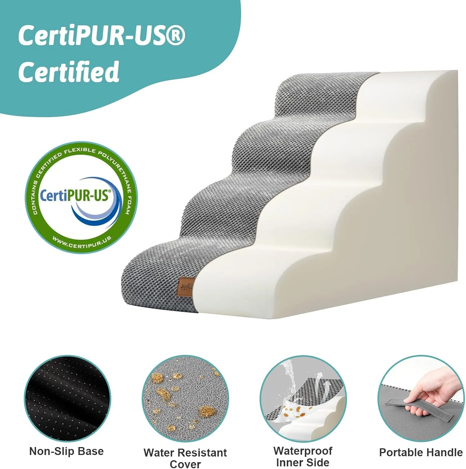 Dog Stairs for Small Dogs 19.7" H, Curved Dog Step for Puppy, Older or Cat, Medium Pet Ramp for Sofa, Couch or Bed, Ladder with High Density Foam, 15.7x28.3x19.7 inch, 4 Step, Grey