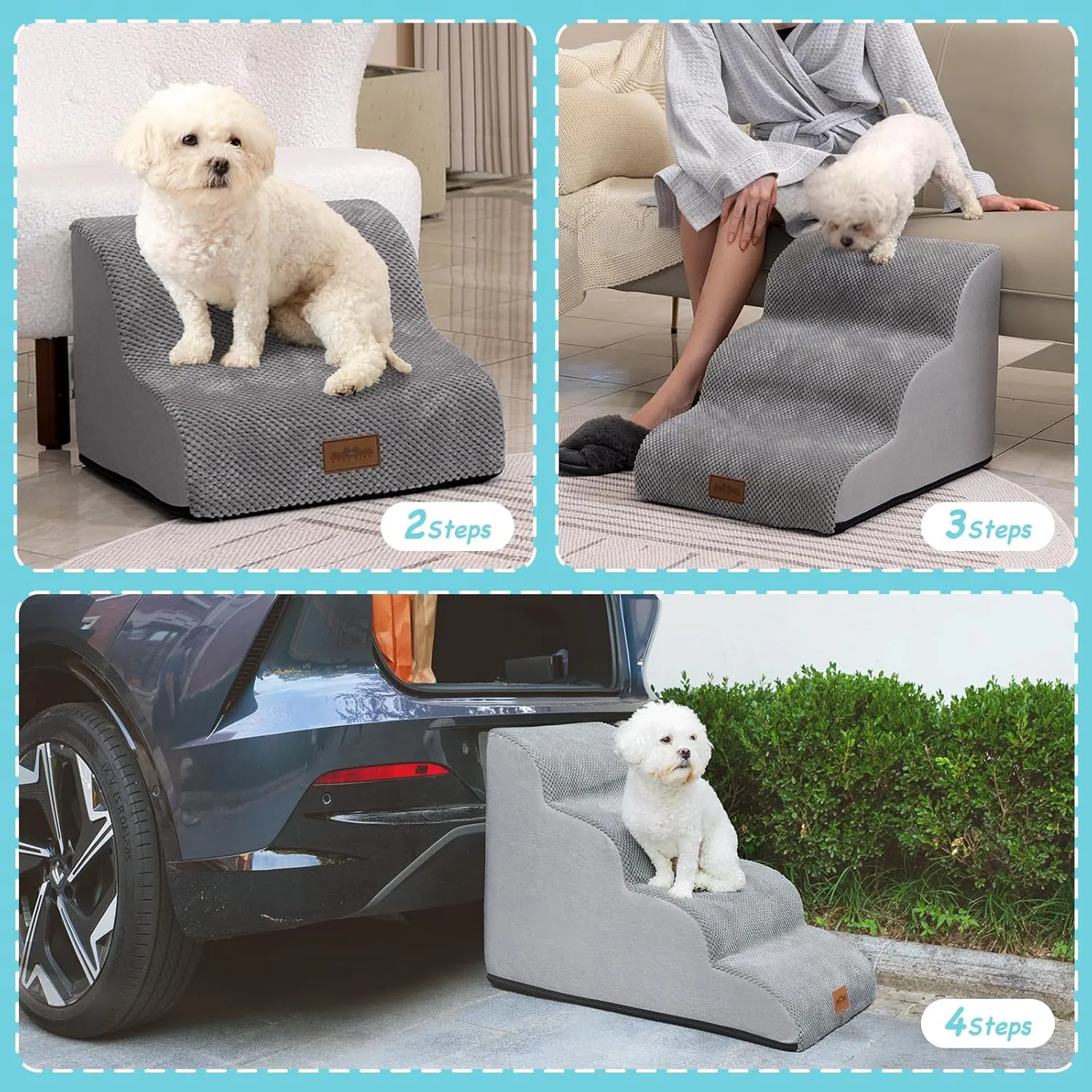 Dog Stairs for Small Dogs 19.7" H, Curved Dog Step for Puppy, Older or Cat, Medium Pet Ramp for Sofa, Couch or Bed, Ladder with High Density Foam, 15.7x28.3x19.7 inch, 4 Step, Grey