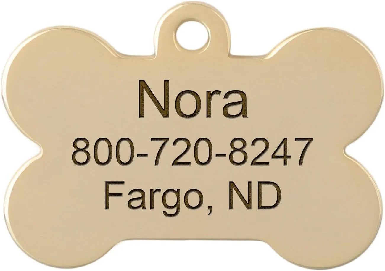 DogIDs Personalized Bone Shaped Dog Identification Tag, Custom Laser Engraved Double Sided ID Tag with S-Hook and Split Ring - Gold, Small, 1 3/16 in x 7/8 in