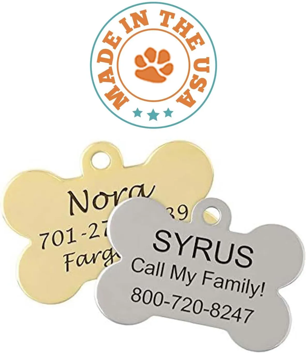 DogIDs Personalized Bone Shaped Dog Identification Tag, Custom Laser Engraved Double Sided ID Tag with S-Hook and Split Ring - Gold, Small, 1 3/16 in x 7/8 in