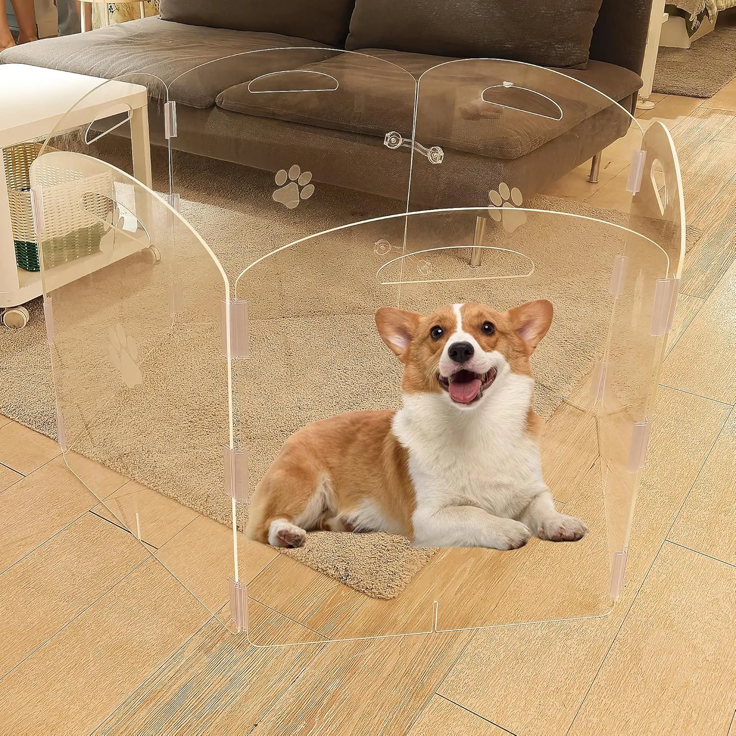 Extra Wide House Dog Gate Playpen, Foldable Acrylic Indoor Fence, 24" Tall Free Standing Pet Door for Home, Freestanding Doggy Barriers for Small Puppy Medium Dogs, 6 Panel