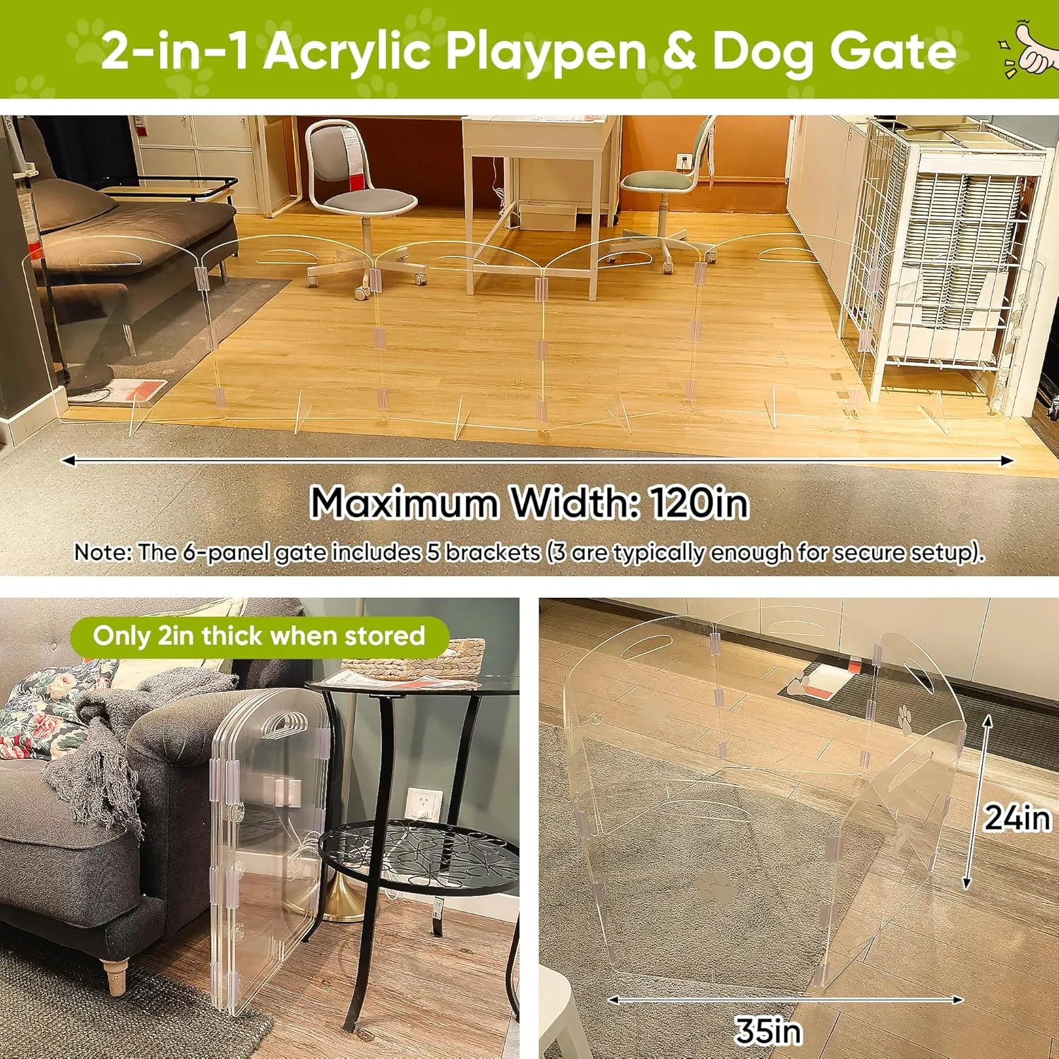 Extra Wide House Dog Gate Playpen, Foldable Acrylic Indoor Fence, 24" Tall Free Standing Pet Door for Home, Freestanding Doggy Barriers for Small Puppy Medium Dogs, 6 Panel