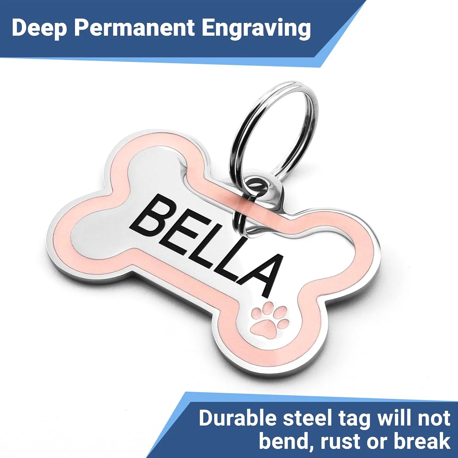 GoTags Stainless Steel Pet ID Bone Shaped Tags with Enamel Paw Design, Personalized Dog and Cat Tags, Up to 5 Lines of Custom Text, Engraved on Both Sides (Sage, Regular)