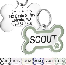 GoTags Stainless Steel Pet ID Bone Shaped Tags with Enamel Paw Design, Personalized Dog and Cat Tags, Up to 5 Lines of Custom Text, Engraved on Both Sides (Sage, Regular)