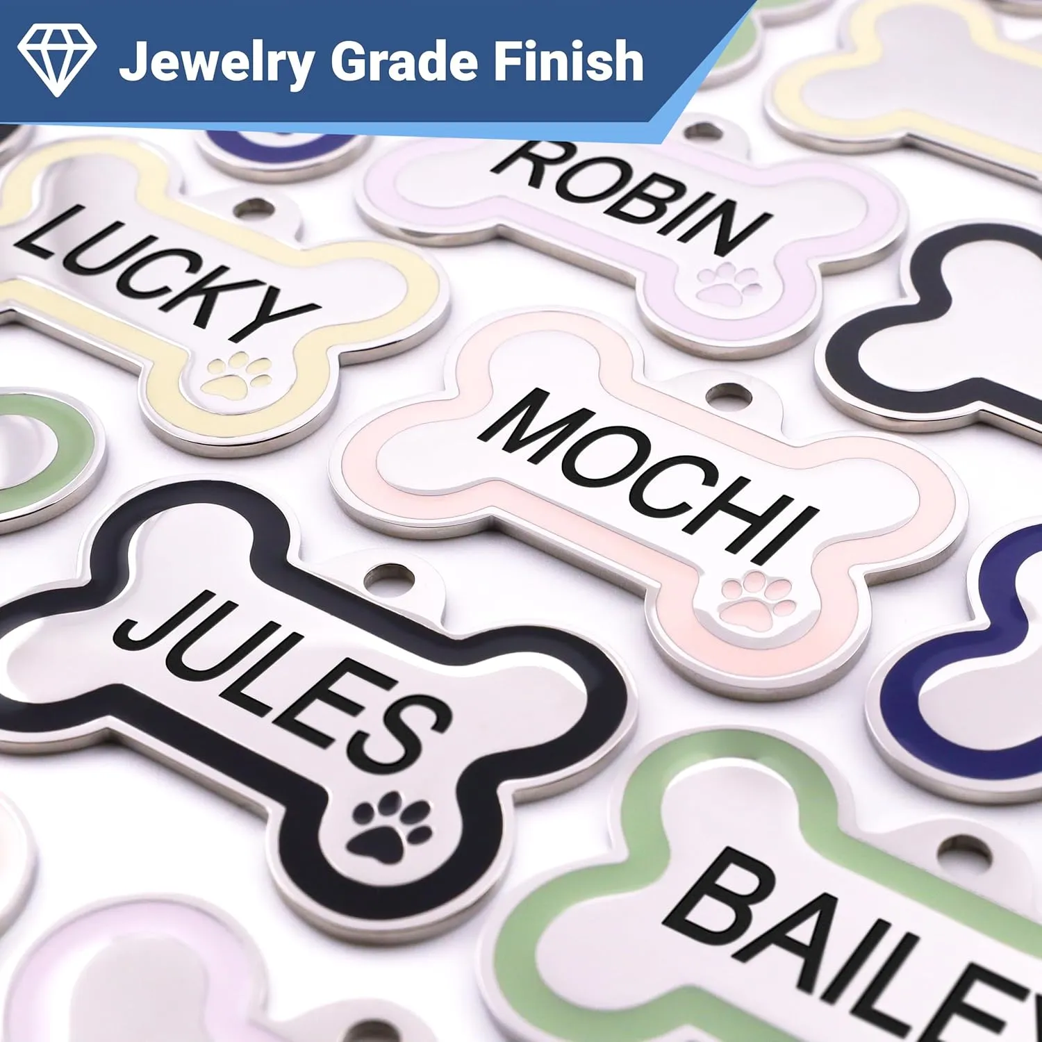 GoTags Stainless Steel Pet ID Bone Shaped Tags with Enamel Paw Design, Personalized Dog and Cat Tags, Up to 5 Lines of Custom Text, Engraved on Both Sides (Sage, Regular)