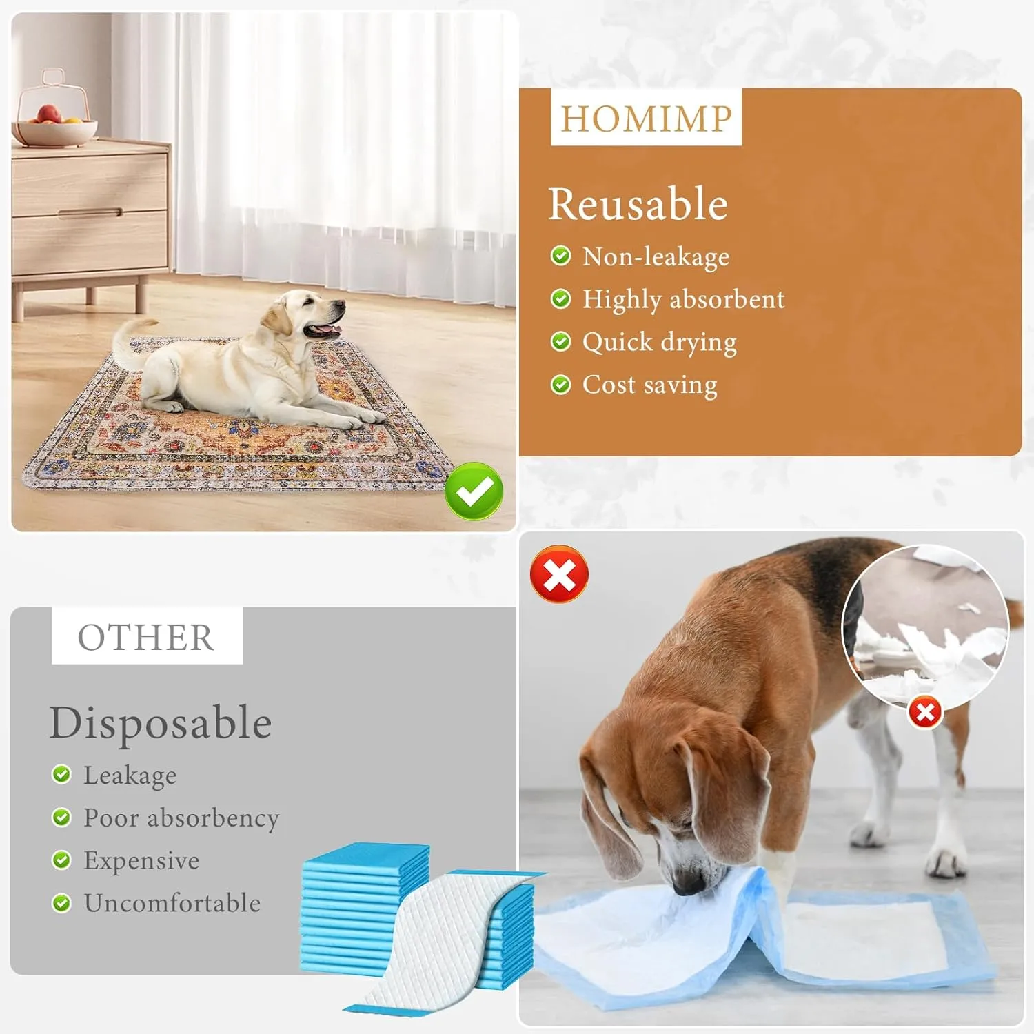 Homimp Washable Pee Pads for Dogs, 2 Pack Reusable Puppy Pads Waterproof, Absorbent and Leakproof Dog Pee Pads, Non Slip Puppy Training Pads, Pet Mat for Floor,Crate,Couch,Whelping,Khaki, 24"x36"