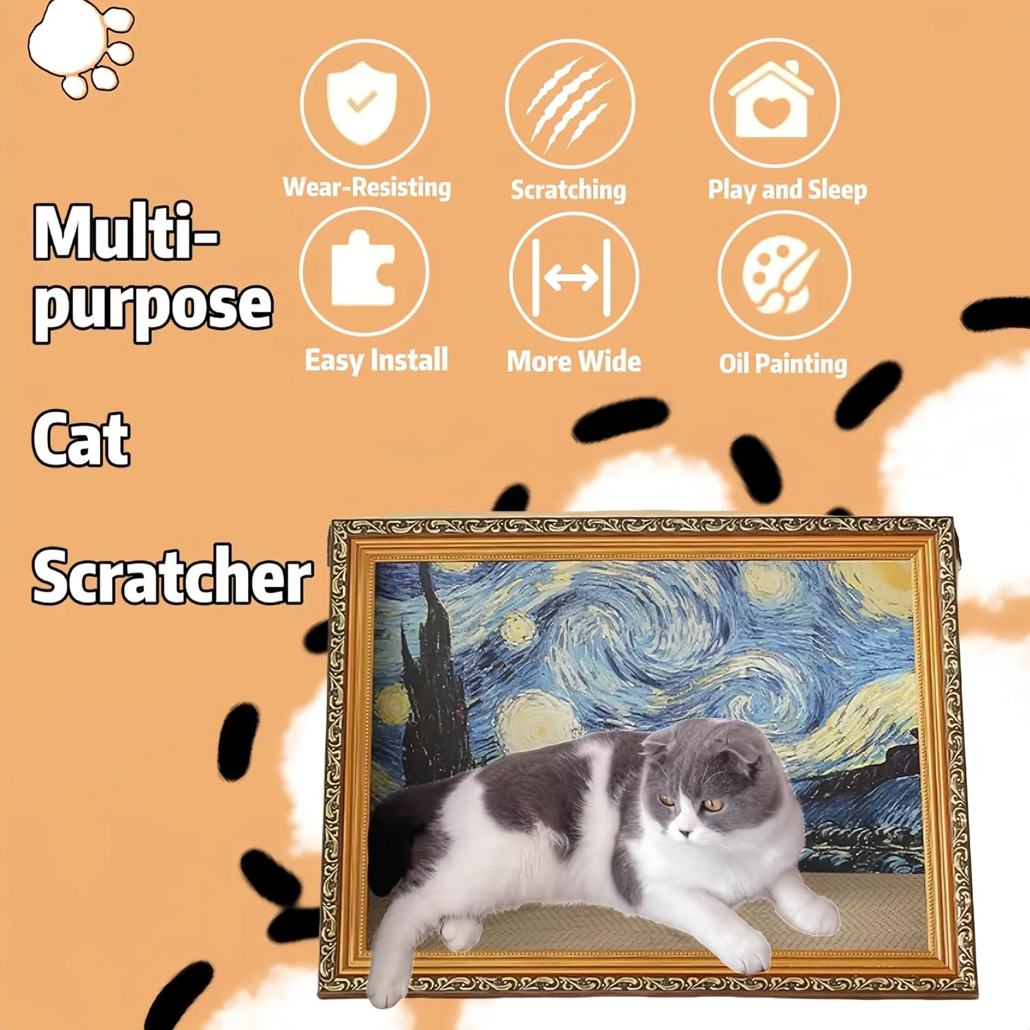 Horizontal Oil Painting Cat Bed & Scratcher - Durable Art Frame with Replaceable Art, Cat House for Indoor Cats Simple-Assembled Bed Creative Home Decoration(Starry Night &Sunflower)