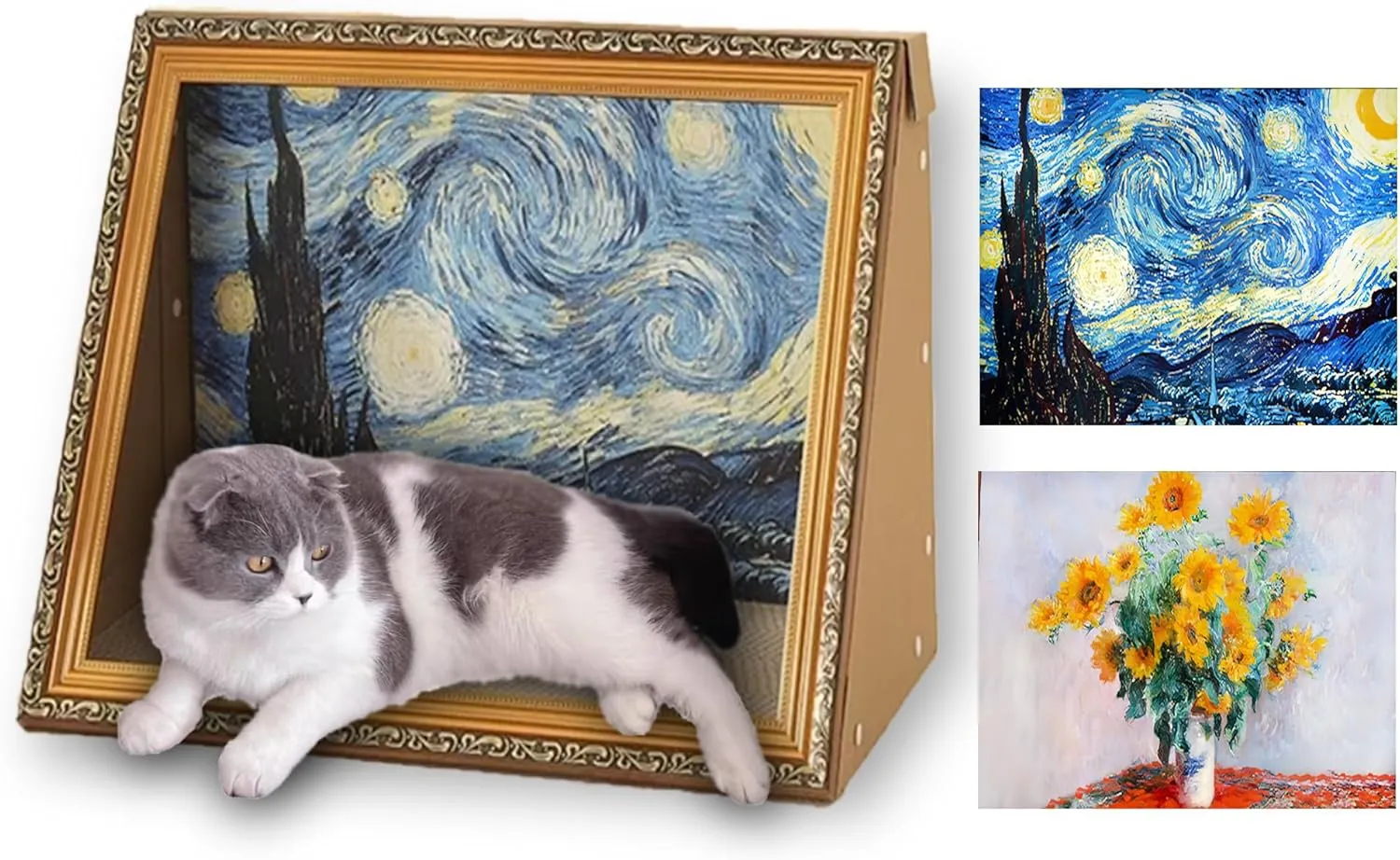 Horizontal Oil Painting Cat Bed & Scratcher - Durable Art Frame with Replaceable Art, Cat House for Indoor Cats Simple-Assembled Bed Creative Home Decoration(Starry Night &Sunflower)
