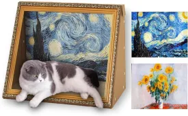 Horizontal Oil Painting Cat Bed & Scratcher - Durable Art Frame with Replaceable Art, Cat House for Indoor Cats Simple-Assembled Bed Creative Home Decoration(Starry Night &Sunflower)