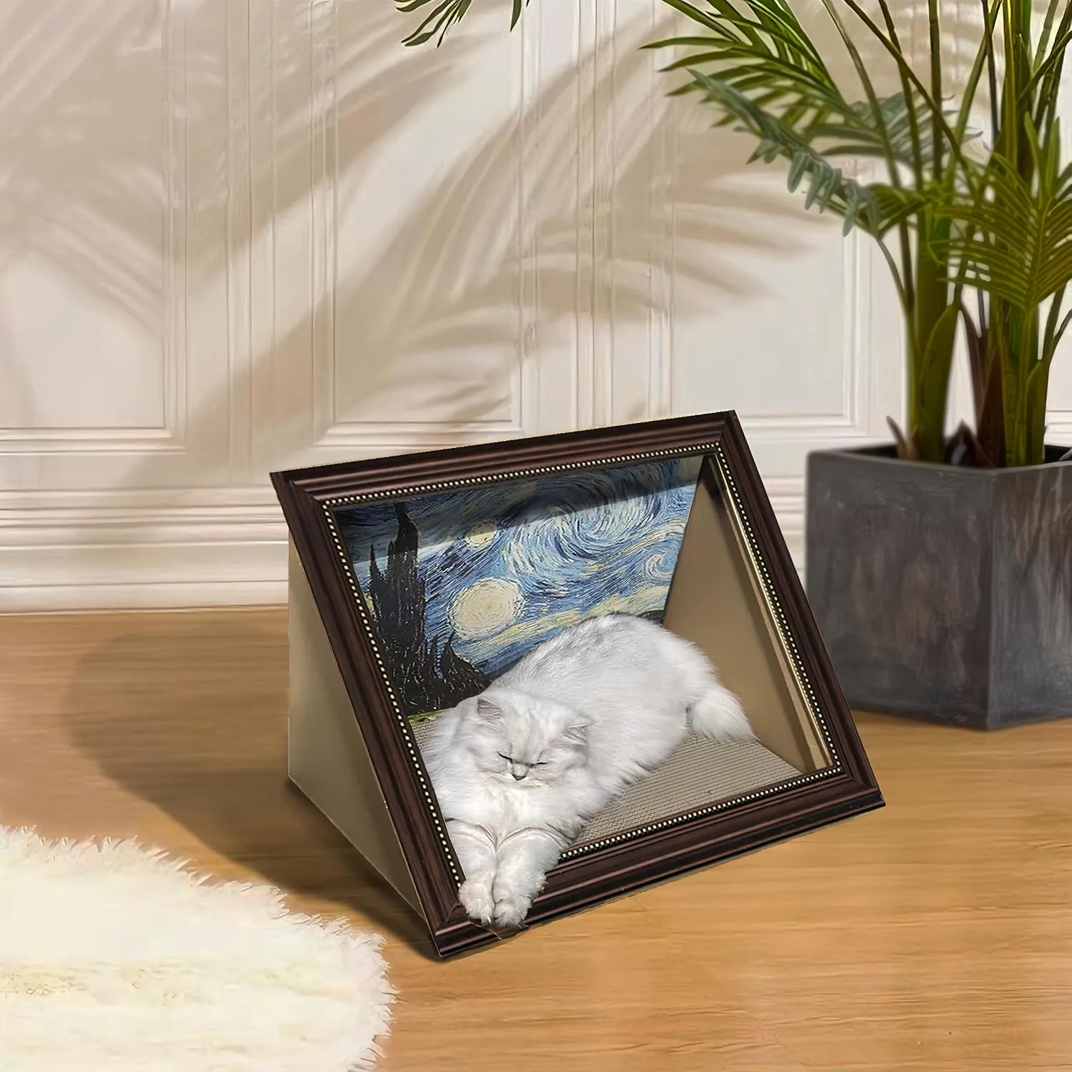 Horizontal Oil Painting Cat Bed & Scratcher - Durable Art Frame with Replaceable Art, Cat House for Indoor Cats Simple-Assembled Bed Creative Home Decoration(Starry Night &Sunflower)