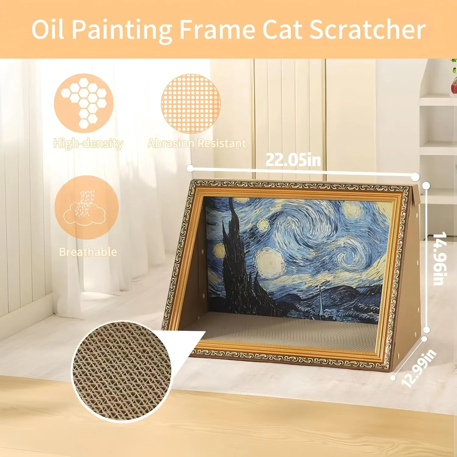 Horizontal Oil Painting Cat Bed & Scratcher - Durable Art Frame with Replaceable Art, Cat House for Indoor Cats Simple-Assembled Bed Creative Home Decoration(Starry Night &Sunflower)