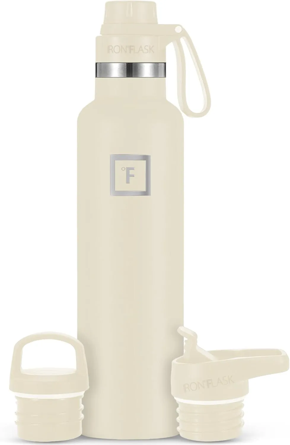 IRON FLASK Camping & Hiking Hydration Canteens - 3 Lids (Narrow Spout Lid) Leak Proof Vacuum Insulated Stainless Steel - Hot & Cold Double Walled Sports Water Bottle - Cashmere Cream, 24 Oz