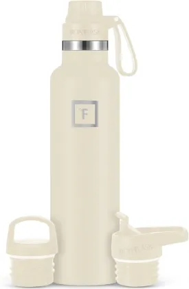 IRON FLASK Camping & Hiking Hydration Canteens - 3 Lids (Narrow Spout Lid) Leak Proof Vacuum Insulated Stainless Steel - Hot & Cold Double Walled Sports Water Bottle - Cashmere Cream, 24 Oz