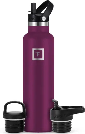 IRON FLASK Camping & Hiking Hydration Canteens - 3 Lids (Narrow Straw Lid) Leak Proof Vacuum Insulated Stainless Steel - Hot & Cold Double Walled Sports Water Bottle - Burgundy, 24 Oz