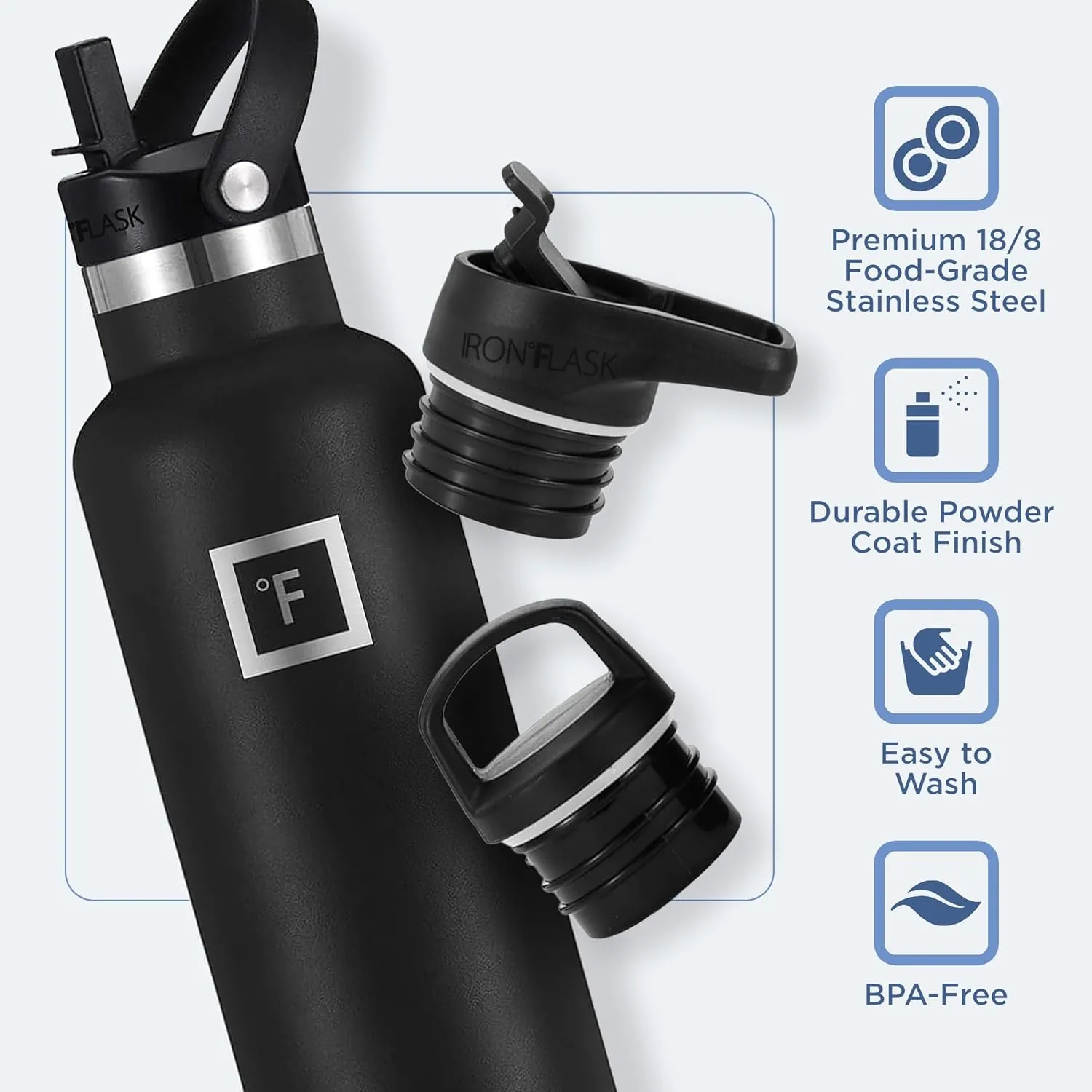 IRON FLASK Camping & Hiking Hydration Canteens - 3 Lids (Narrow Straw Lid) Leak Proof Vacuum Insulated Stainless Steel - Hot & Cold Double Walled Sports Water Bottle - Twilight Blue, 24 Oz