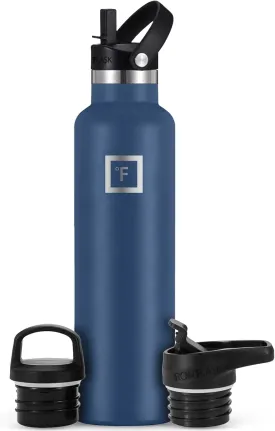 IRON FLASK Camping & Hiking Hydration Canteens - 3 Lids (Narrow Straw Lid) Leak Proof Vacuum Insulated Stainless Steel - Hot & Cold Double Walled Sports Water Bottle - Twilight Blue, 24 Oz