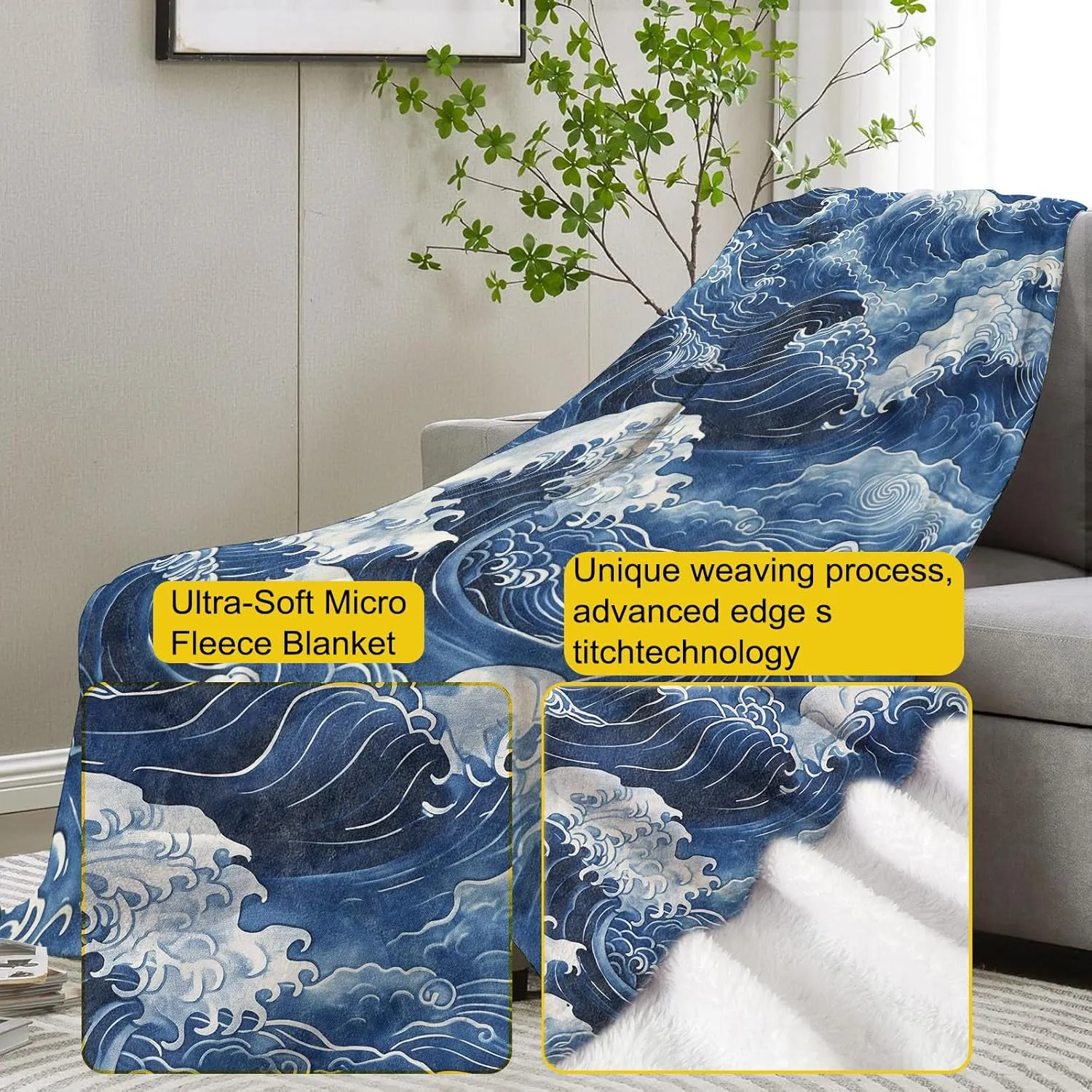 Japanese Wave Throw Blanket Gifts, Soft Cozy Fleece Blanket with Blue Ocean Wave Print, Blanket for Couch Bed Sofa, Perfect for Nautical Decor and Art Lovers, 50x60 in
