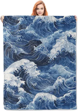 Japanese Wave Throw Blanket Gifts, Soft Cozy Fleece Blanket with Blue Ocean Wave Print, Blanket for Couch Bed Sofa, Perfect for Nautical Decor and Art Lovers, 50x60 in