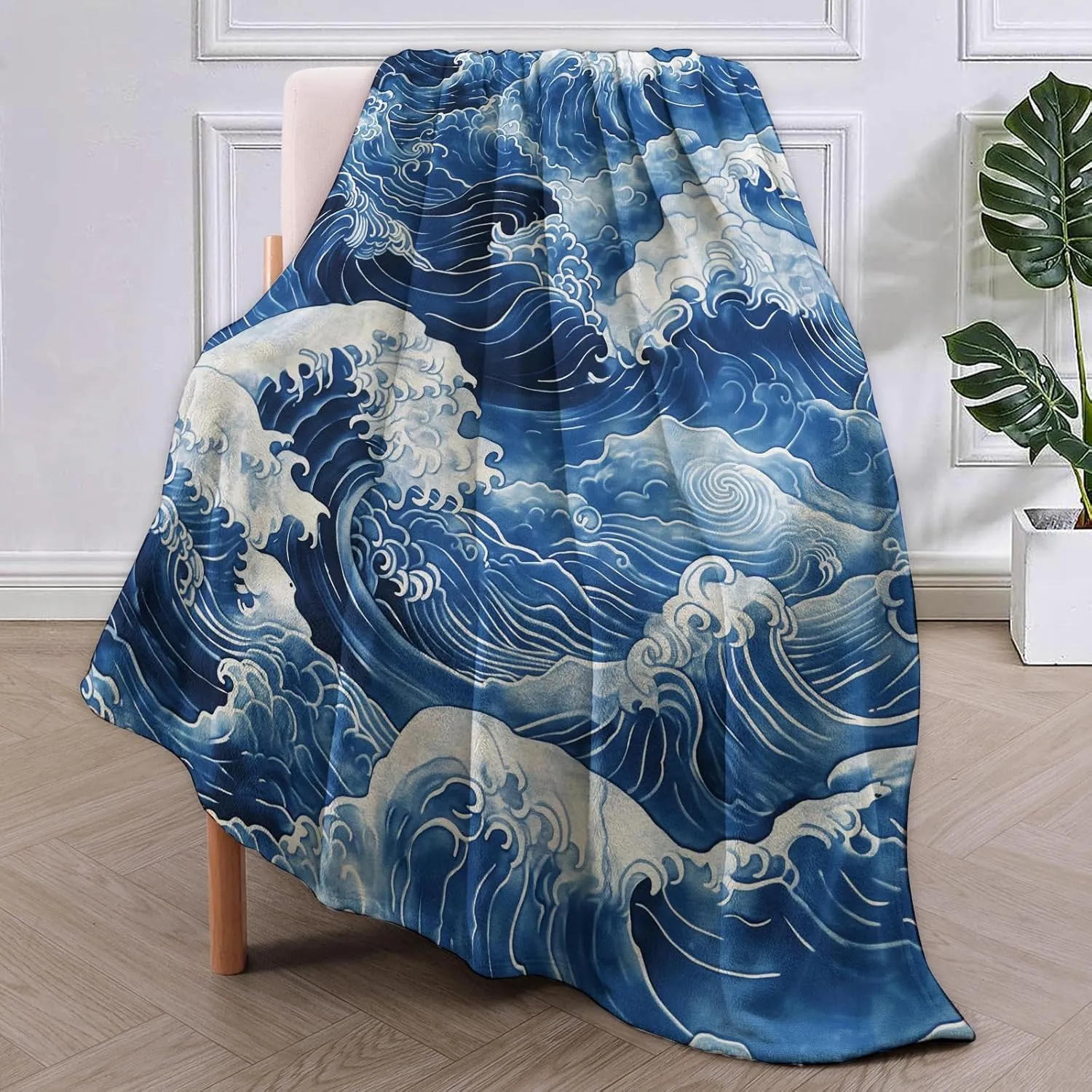 Japanese Wave Throw Blanket Gifts, Soft Cozy Fleece Blanket with Blue Ocean Wave Print, Blanket for Couch Bed Sofa, Perfect for Nautical Decor and Art Lovers, 50x60 in
