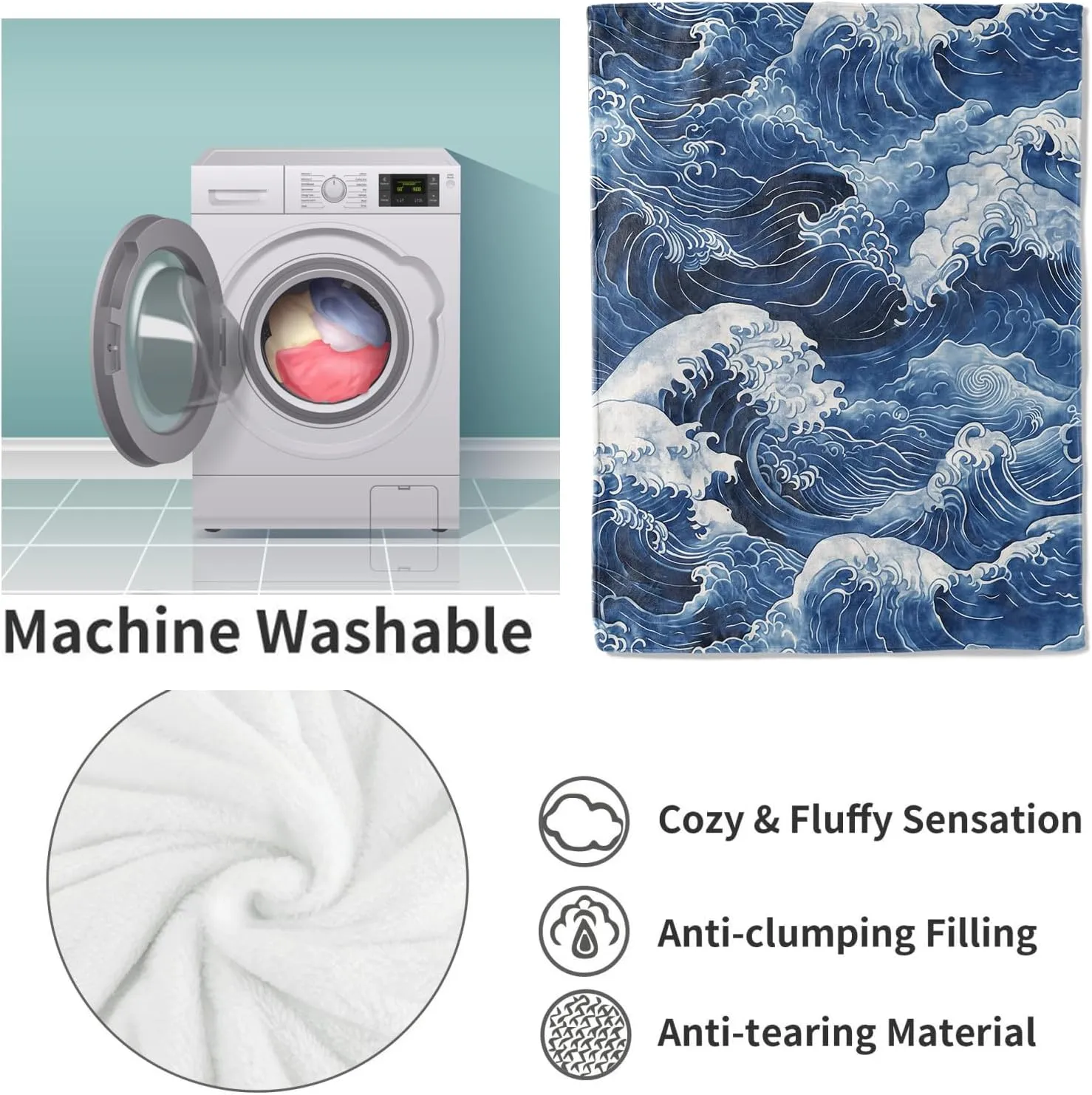 Japanese Wave Throw Blanket Gifts, Soft Cozy Fleece Blanket with Blue Ocean Wave Print, Blanket for Couch Bed Sofa, Perfect for Nautical Decor and Art Lovers, 50x60 in