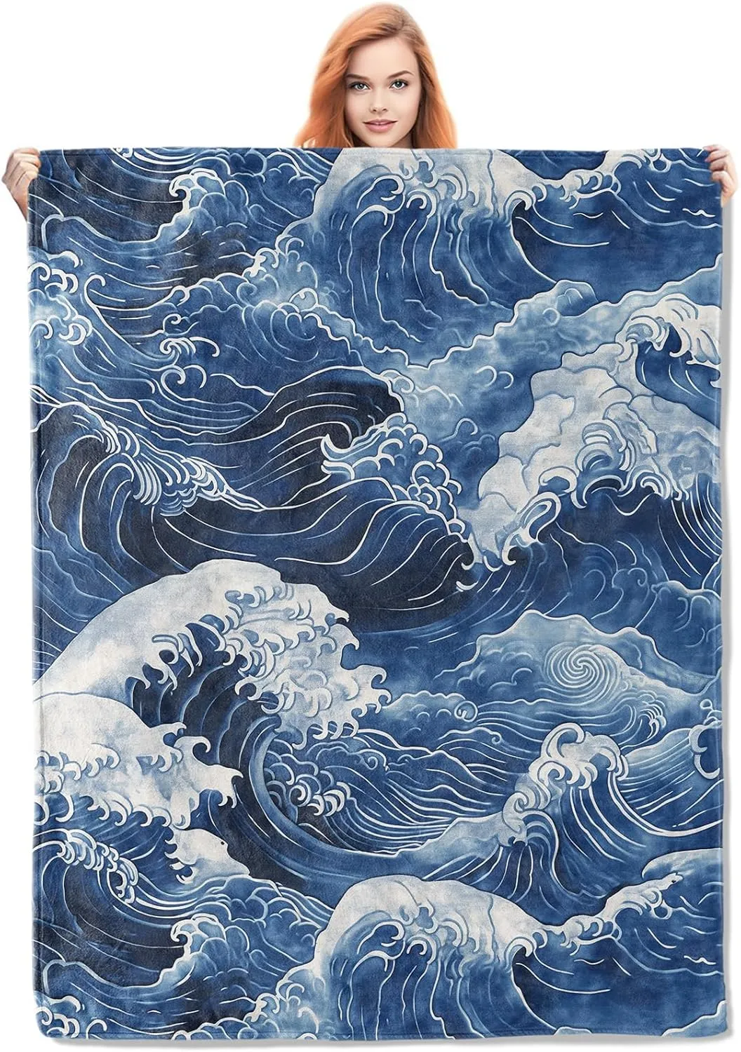 Japanese Wave Throw Blanket Gifts, Soft Cozy Fleece Blanket with Blue Ocean Wave Print, Blanket for Couch Bed Sofa, Perfect for Nautical Decor and Art Lovers, 50x60 in