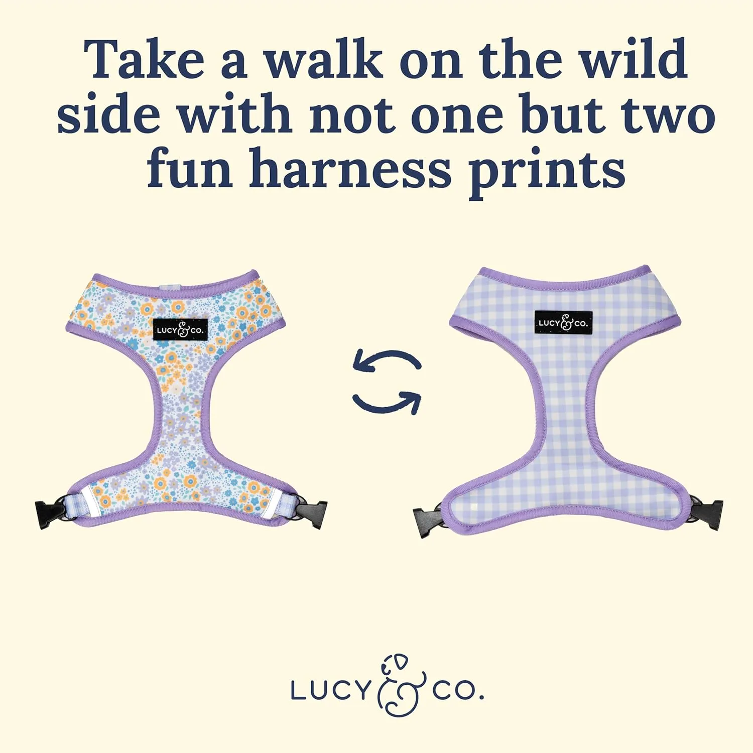 Lucy & Co. Cute Reversible Dog Harness Walking Halter - Best Designer Pet Harnesses for XS - XL Dogs - Padded Adjustable Vest for Easy Walking (Small, Among The Wildflowers - Purple Floral)