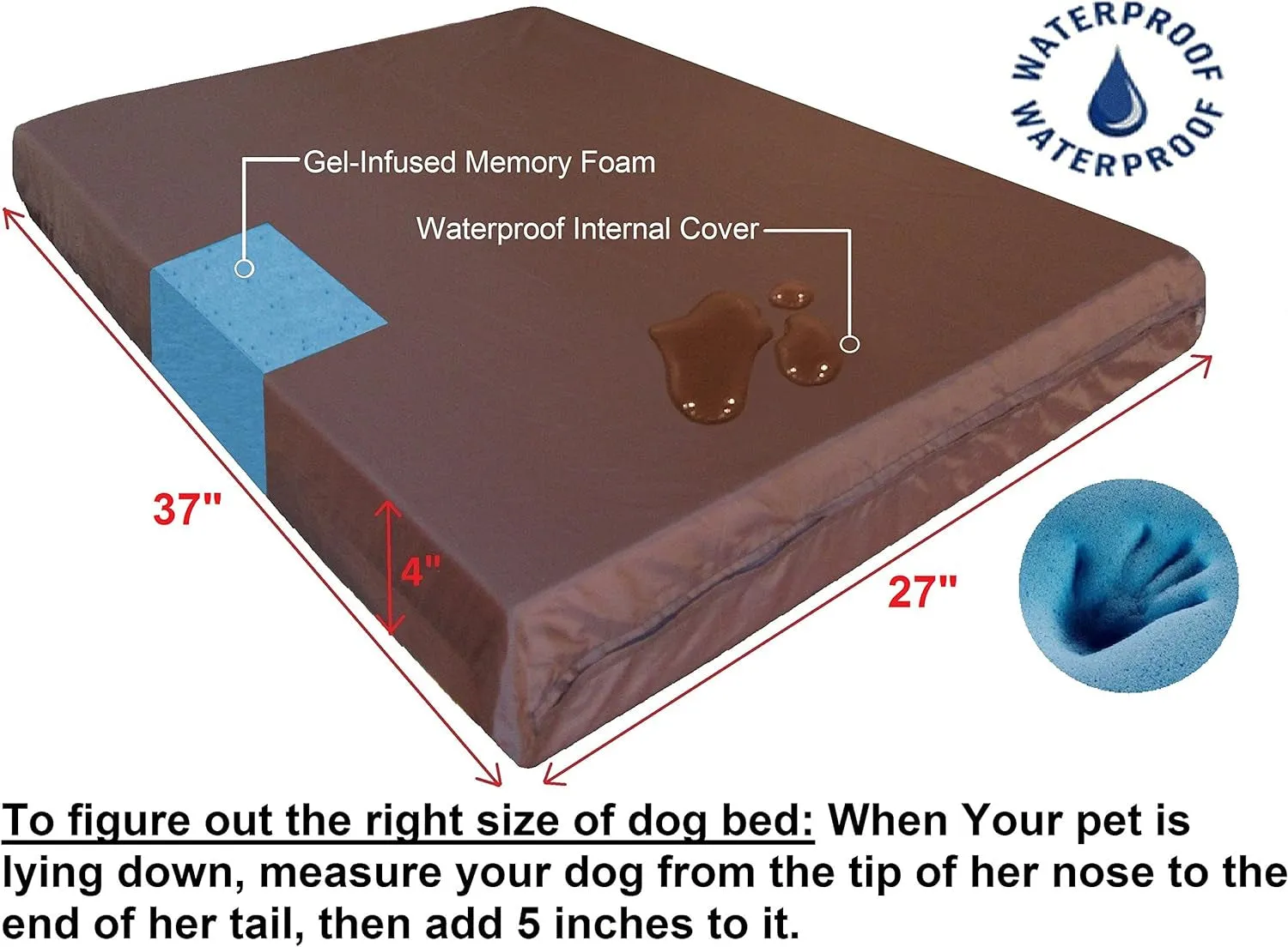 Medium Large Orthopedic Dog Bed with Memory Foam for Pet, Waterproof Liner with Strong Ballistic Nylon Brown External Cover, 37X27X4 Inches