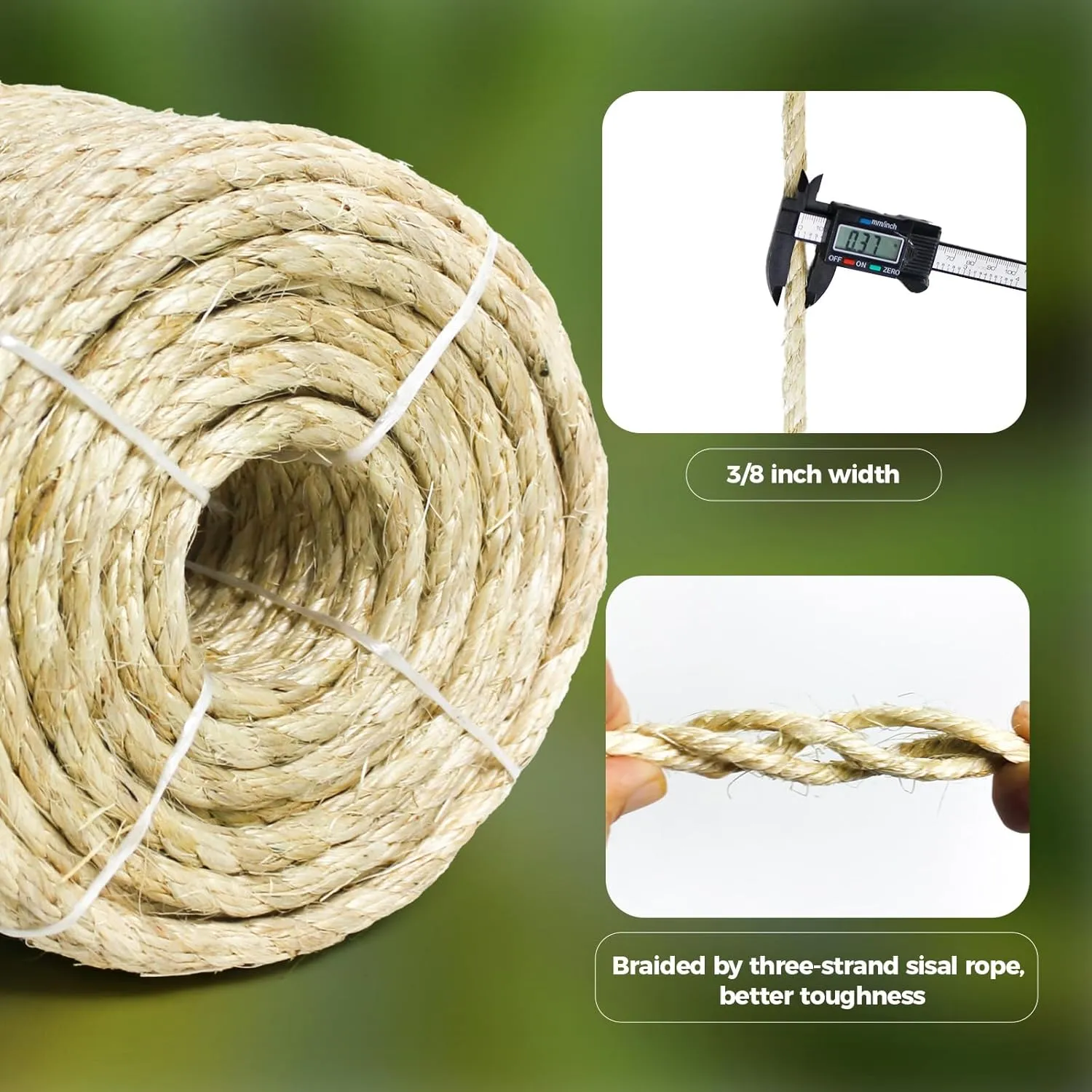 Natural Sisal Rope for Cat Scratching Posts, 3/8 Inch 100FT Abrasion Resistance Rope, Multipurpose for Cat Tree Repair, DIY Projects, Furniture Wrapping, Indoor/Outdoor Use (Beige)