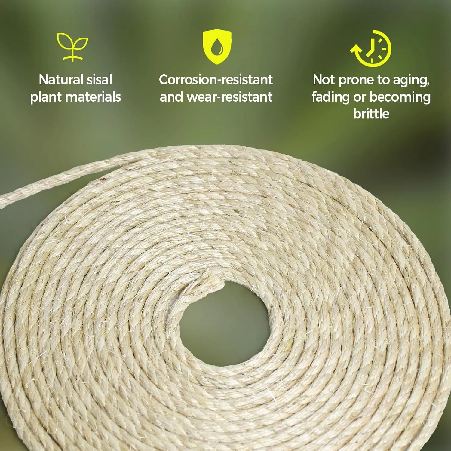 Natural Sisal Rope for Cat Scratching Posts, 3/8 Inch 100FT Abrasion Resistance Rope, Multipurpose for Cat Tree Repair, DIY Projects, Furniture Wrapping, Indoor/Outdoor Use (Beige)