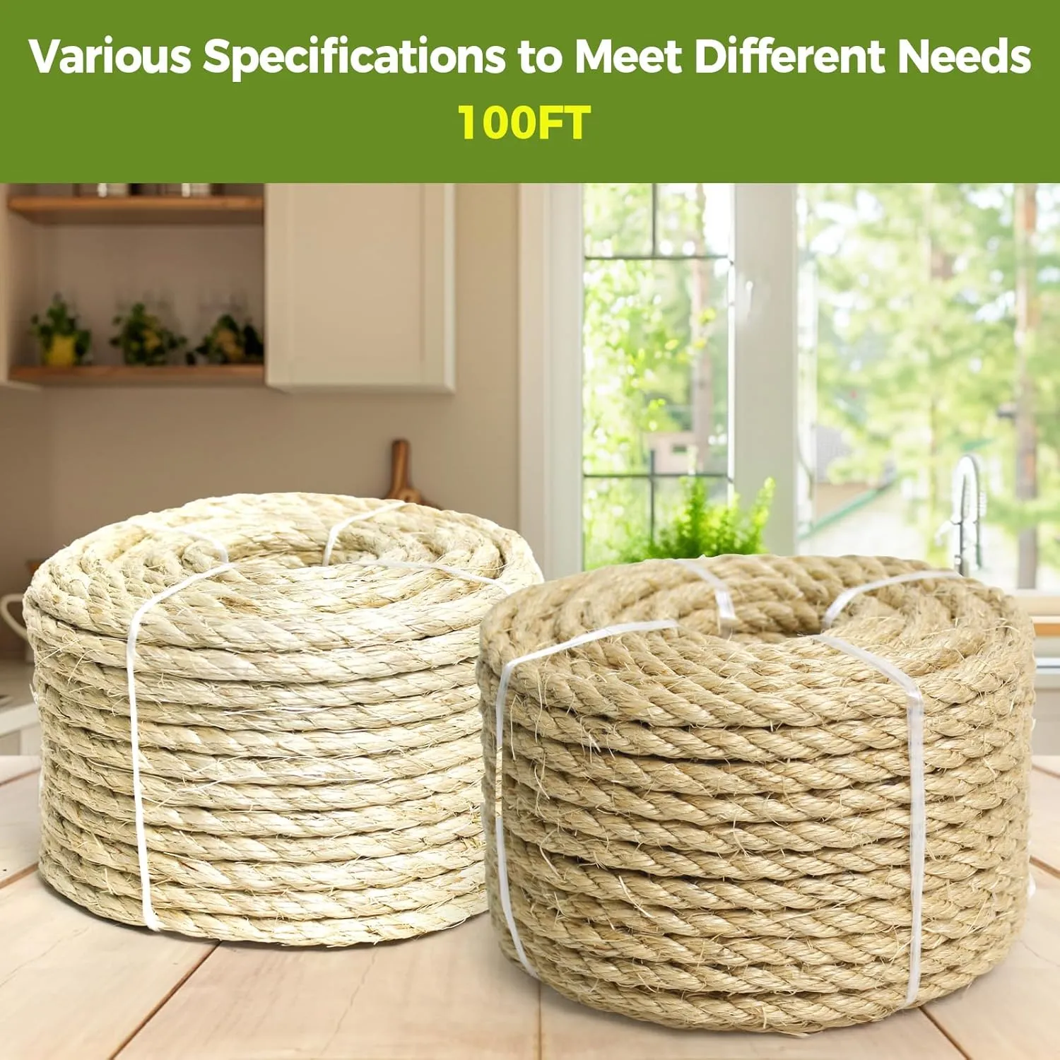 Natural Sisal Rope for Cat Scratching Posts, 3/8 Inch 100FT Abrasion Resistance Rope, Multipurpose for Cat Tree Repair, DIY Projects, Furniture Wrapping, Indoor/Outdoor Use (Beige)