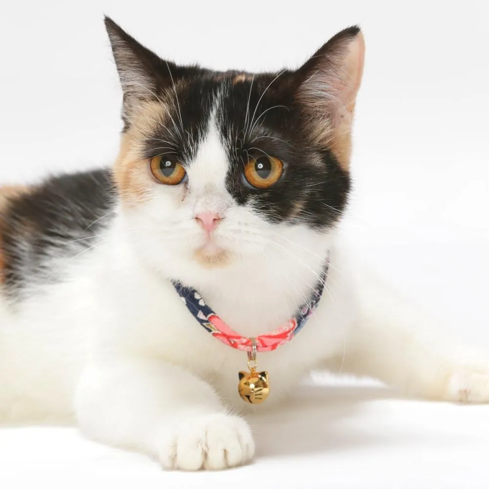 Necoichi Chirimen Hanabi Fireworks Cat Collar (Navy) with Bell Safety Breakaway Soft Lightweight for Cats Kitty Kitten Japanese Stylish Pattern, No.1 Seller in Japan