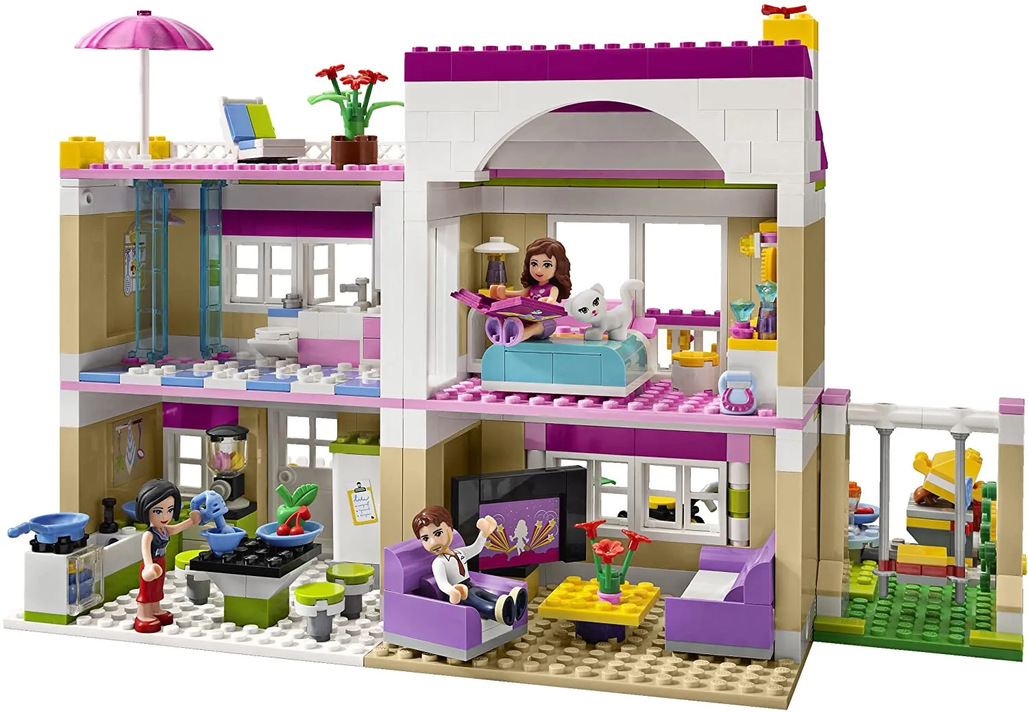 NOW RARE RETIRED LEGO Friends Kit: Olivia’s House (3315) with 3 Minifigures & 1 Cat, kitchen, Living, Bedroom, Bath, Gardens, Barbecue, Patio & Many Accessories. 695 PIECES, YEAR 2012, AGE 6 TO 12. COMPLETE BOX & BOOKLETS, BUILT ONCE