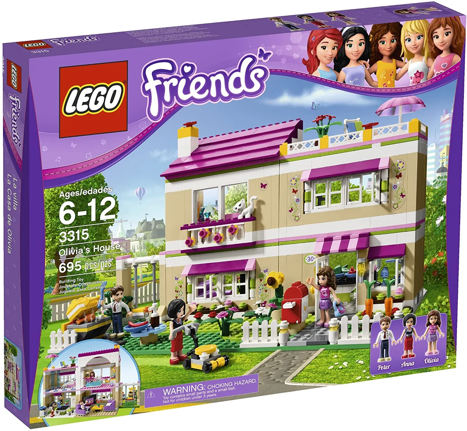 NOW RARE RETIRED LEGO Friends Kit: Olivia’s House (3315) with 3 Minifigures & 1 Cat, kitchen, Living, Bedroom, Bath, Gardens, Barbecue, Patio & Many Accessories. 695 PIECES, YEAR 2012, AGE 6 TO 12. COMPLETE BOX & BOOKLETS, BUILT ONCE