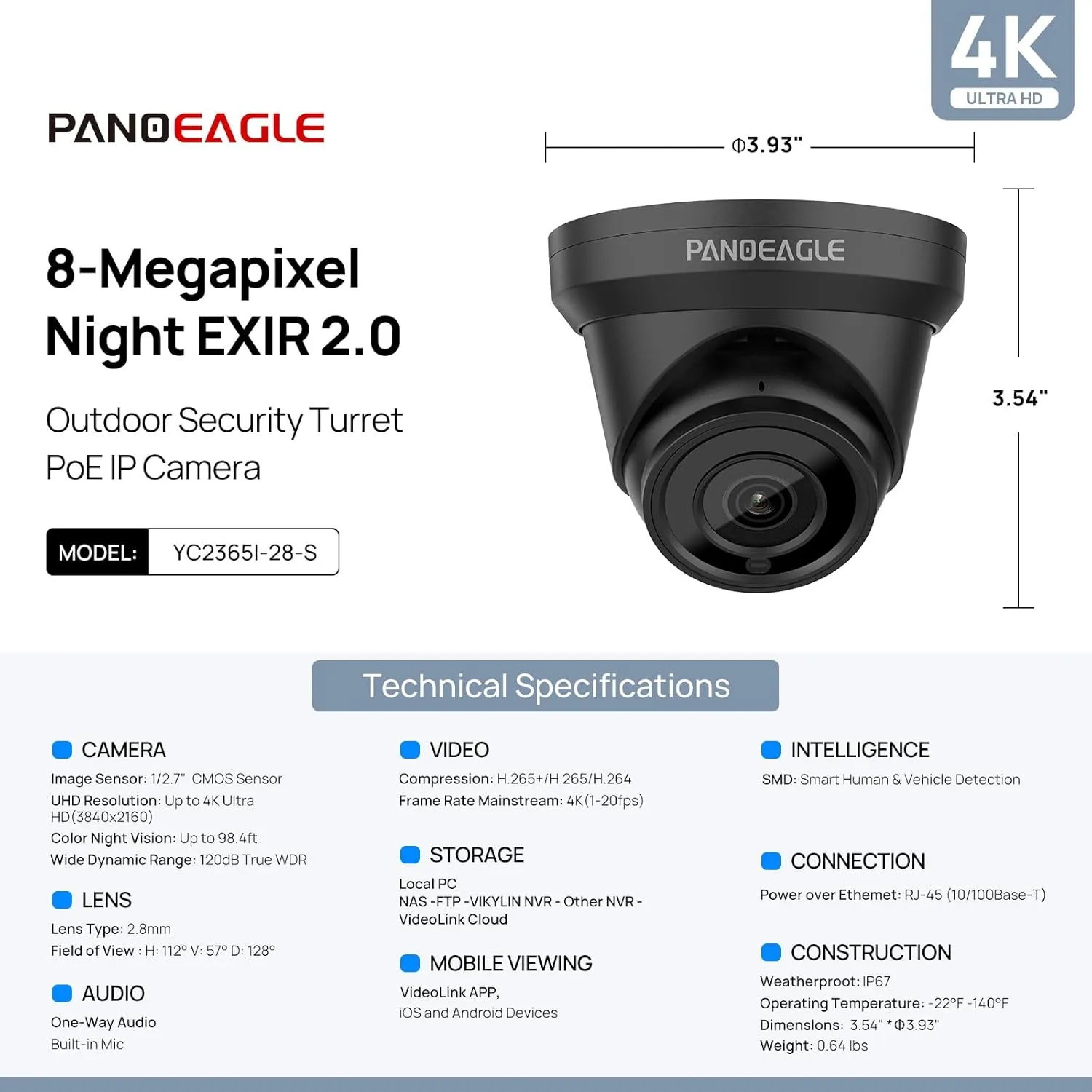 PANOEAGLE 4K 8MP PoE IP Camera Outdoor,4K PoE Turret Camera with Human Vehicle Detection, 2.8mm Lens, 98ft EXIR2.0 Night Vision, WDR, IP67 Waterproof, Plug & Play Compatible for Blue Iris, Black