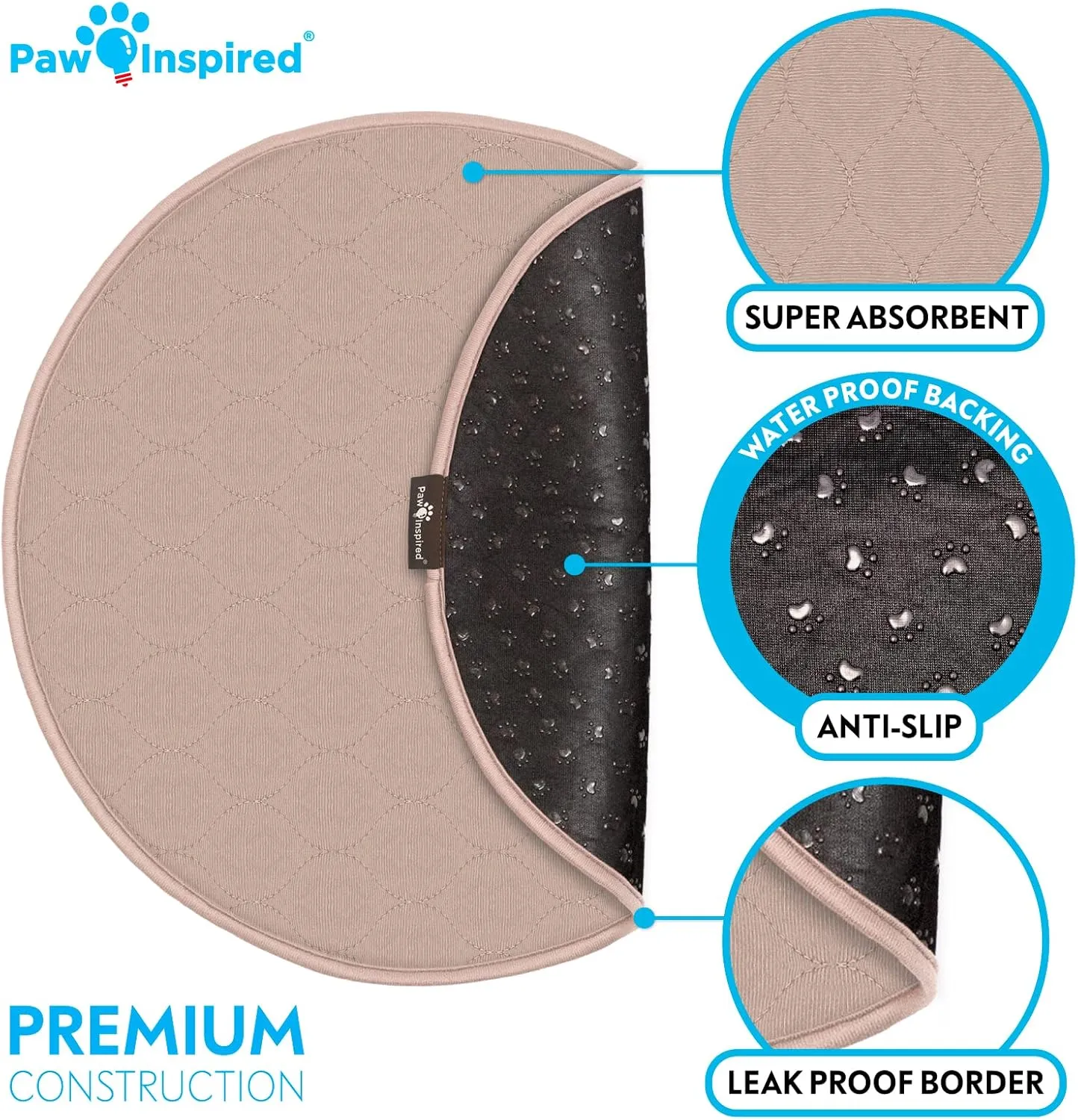 Paw Inspired Round Washable Pee Pads for Dogs | Reusable Puppy Pads | Waterproof Whelping Pads | Washable Training Pet Pads, Washable Potty Pads Extra Large Sizes (17" (2 Pack))